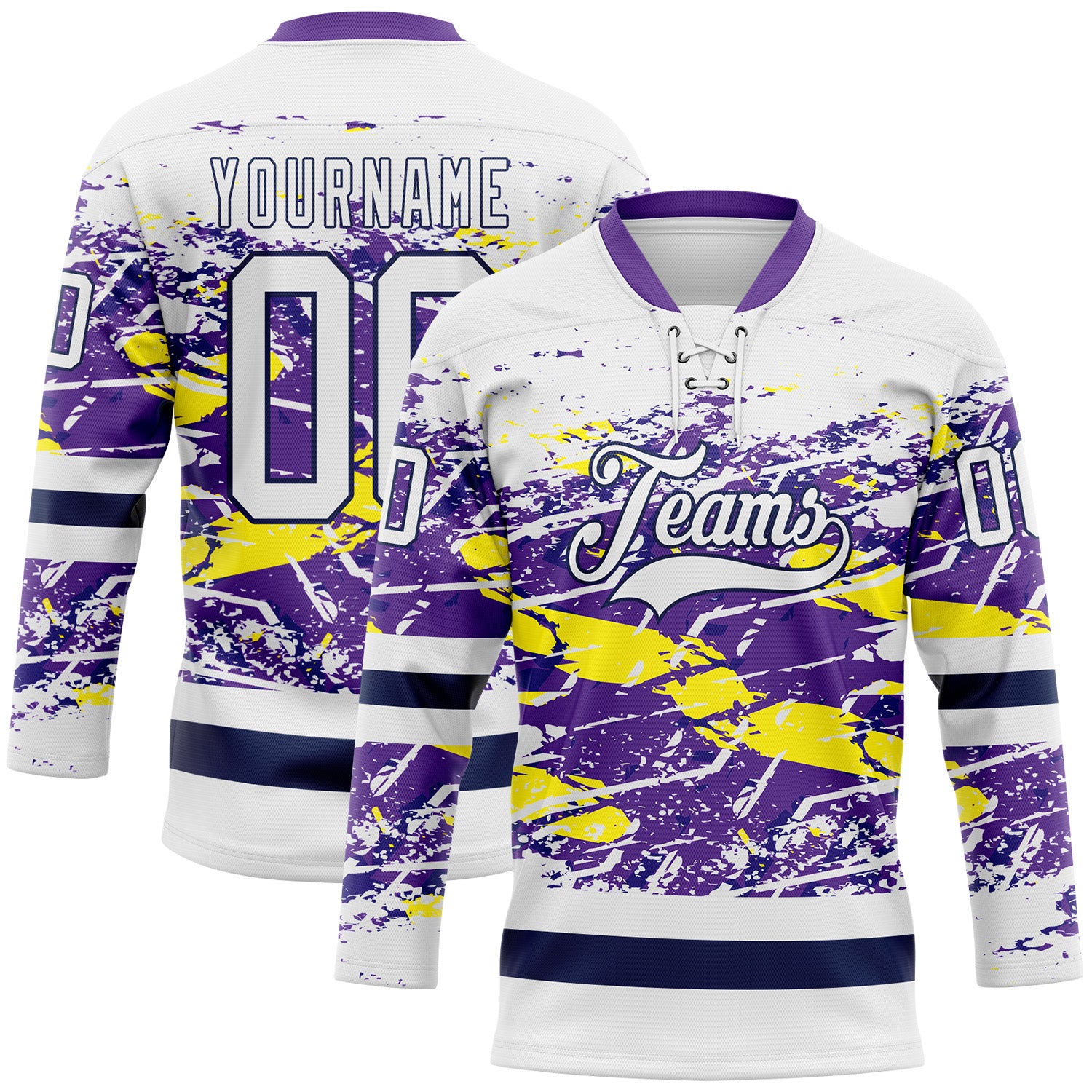 FansIdea Custom White Purple Yellow-Navy Abstract Splatter Paint Grunge Hockey Lace Neck Jersey - $29.99 at Proof Eyewear