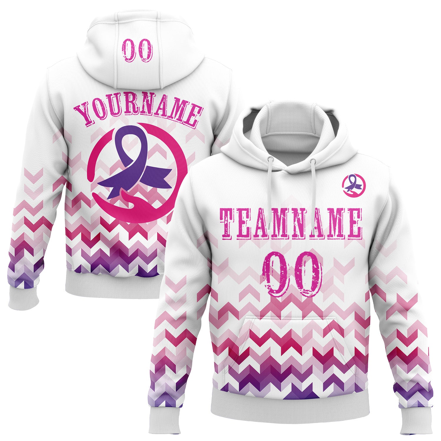 FansIdea Custom White Deep Pink-Purple 3D Pink Ribbon Breast Cancer Awareness Women Health Care Support Sports Pullover Sweatshirt Hoodie - $32.99 at Proof Eyewear