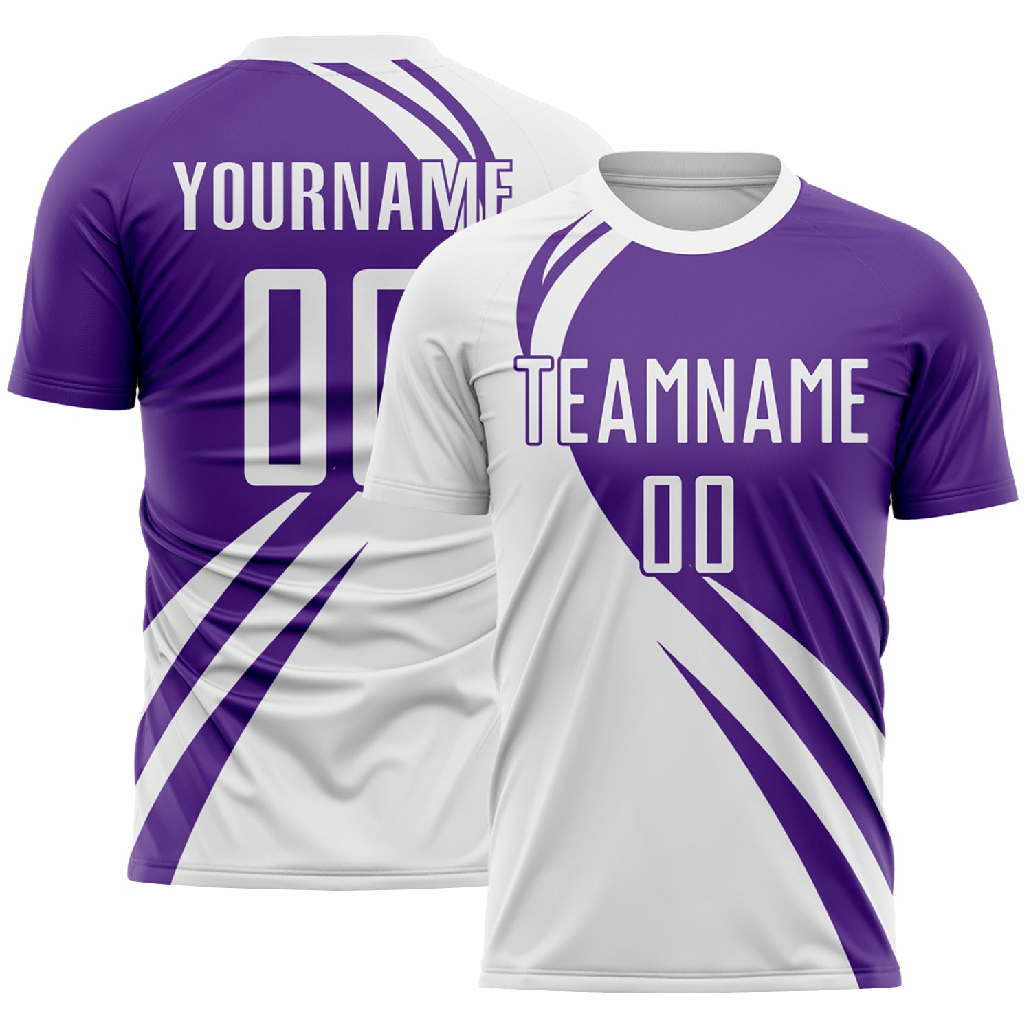 FansIdea Custom White Purple Diagonal Streamline Color Block Swirl Curve Lines Sublimation Soccer Uniform Jersey - $16.99 at Proof Eyewear