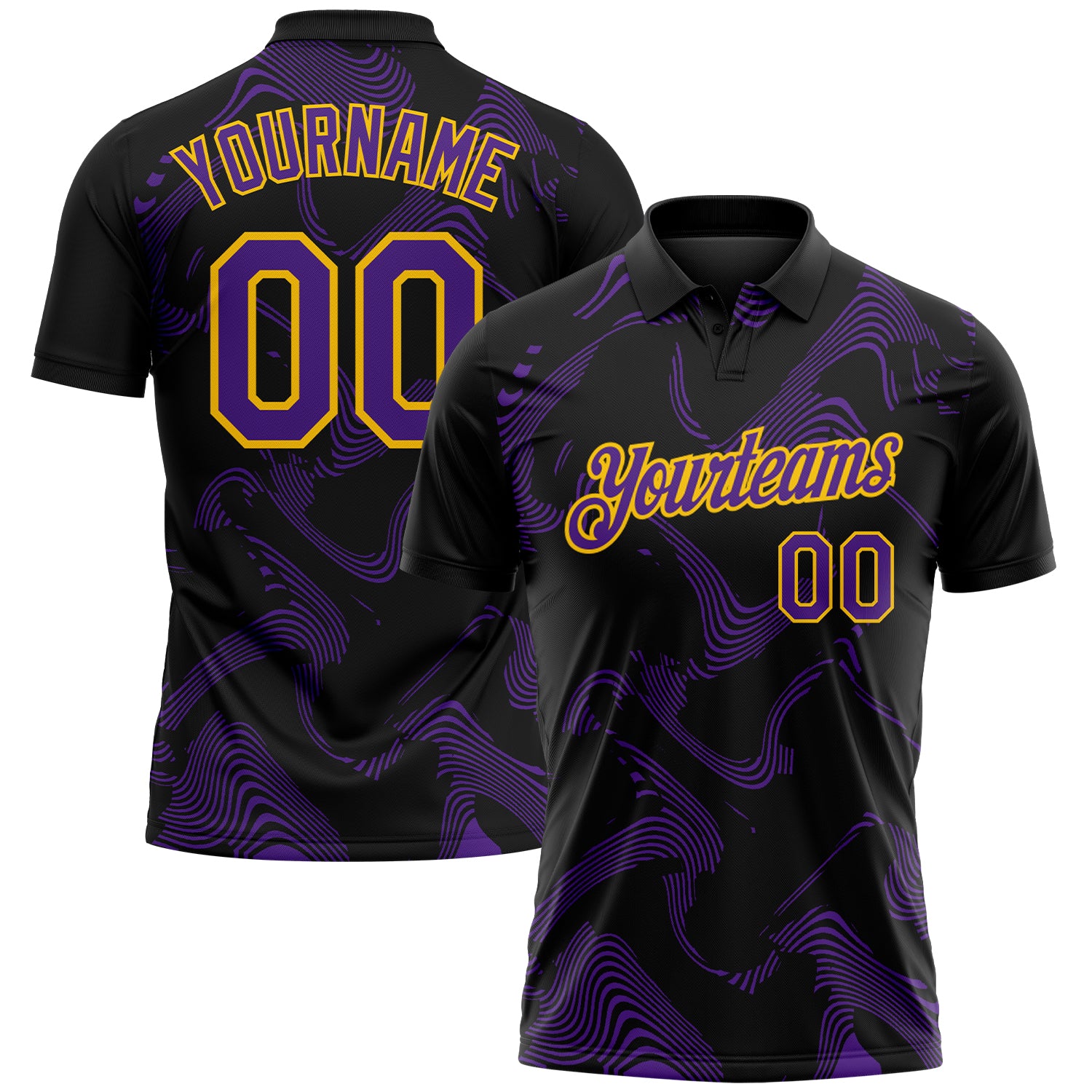 FansIdea Custom Black Purple-Yellow 3D Pattern Abstract Fluid Swirl Line Performance Polo Shirt - $19.99 at Proof Eyewear