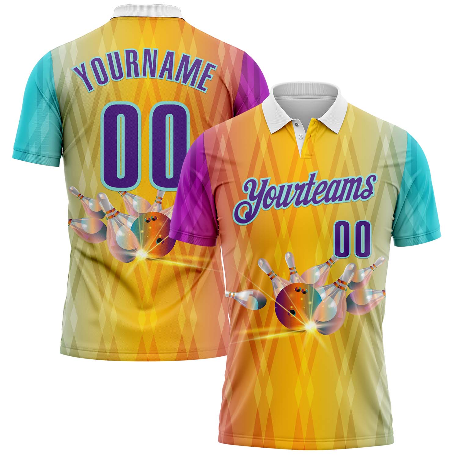 FansIdea Custom Yellow Purple-Ice Blue Bowling Strike Gradient Geometric Performance Polo Shirt - $19.99 at Proof Eyewear
