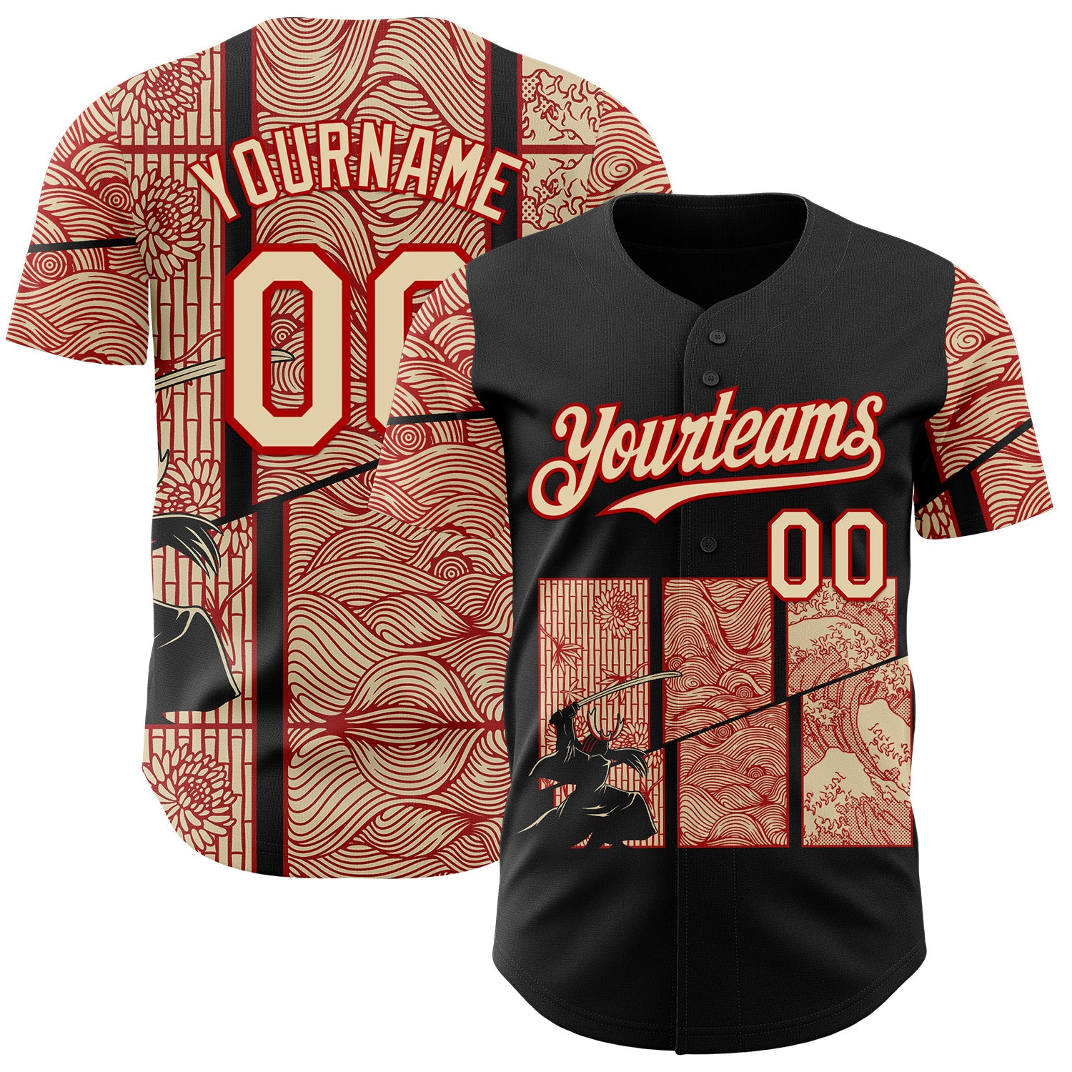 Fansidea-group-collabs Custom Black Cream-Red 3D Tobe Fonseca Japanese Samurai Kanagawa Wave Authentic Baseball Jersey - $34.99 at Proof Eyewear