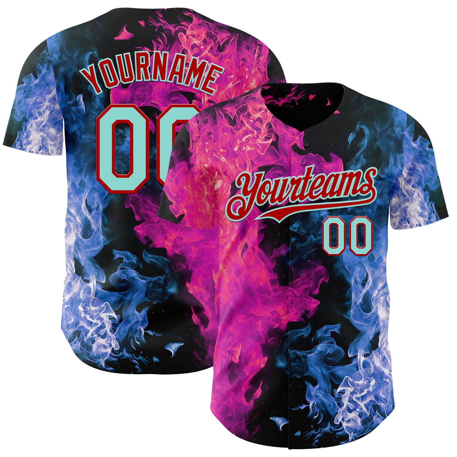 FansIdea Custom Black Ice Blue Blue-Red Flame Split Fire Authentic Baseball Jersey - $29.99 at Proof Eyewear