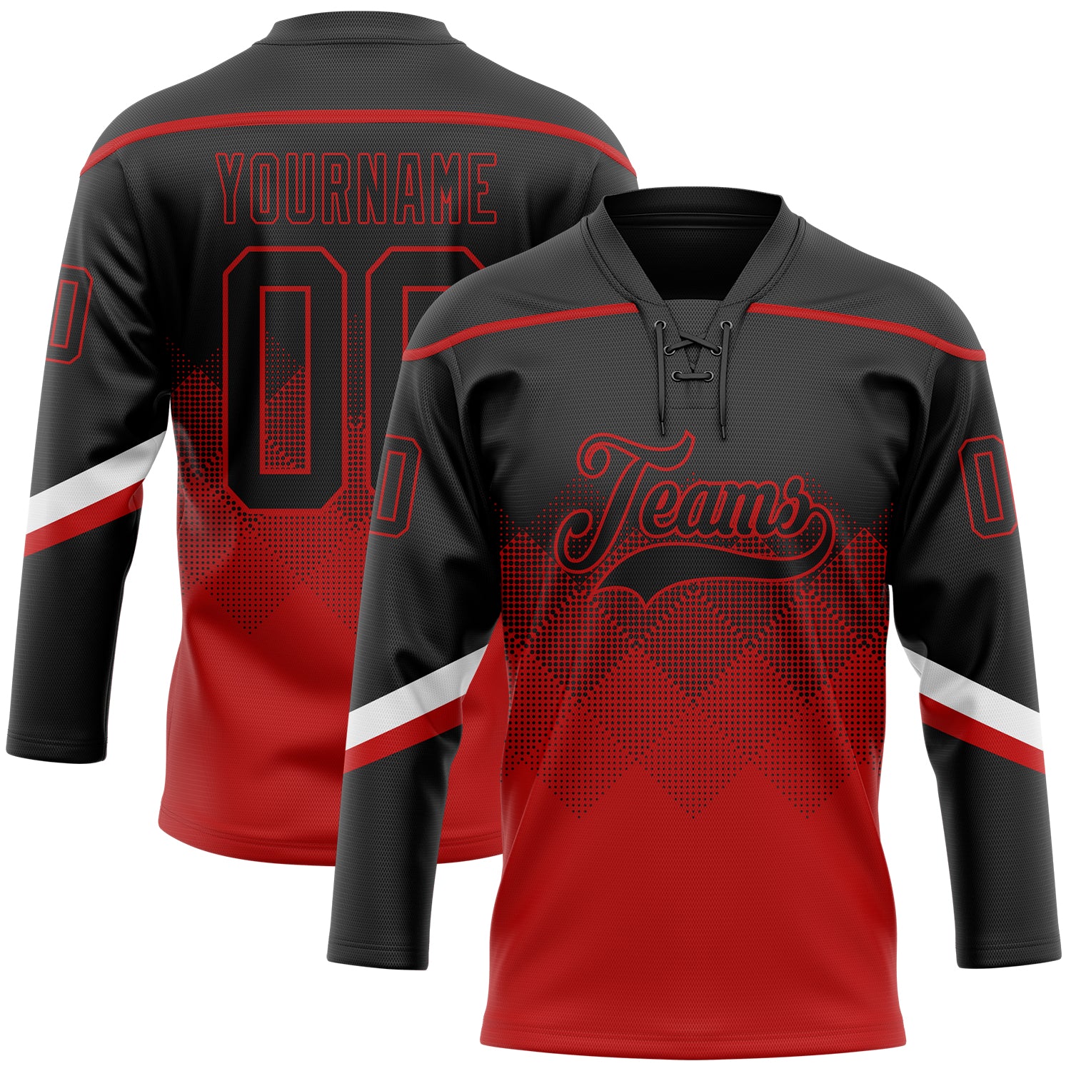 FansIdea Custom Black Red 3D Pattern Gradient Square Shapes Hockey Lace Neck Jersey - $29.99 at Proof Eyewear