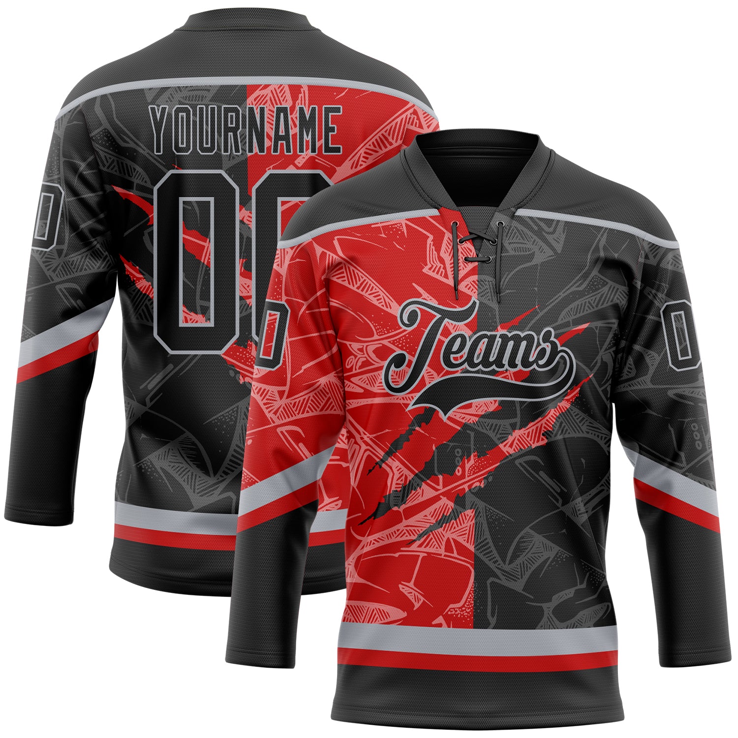 FansIdea Custom Black Red-Gray 3D Pattern Gradient Fashion Scratch Hockey Lace Neck Jersey - $29.99 at Proof Eyewear