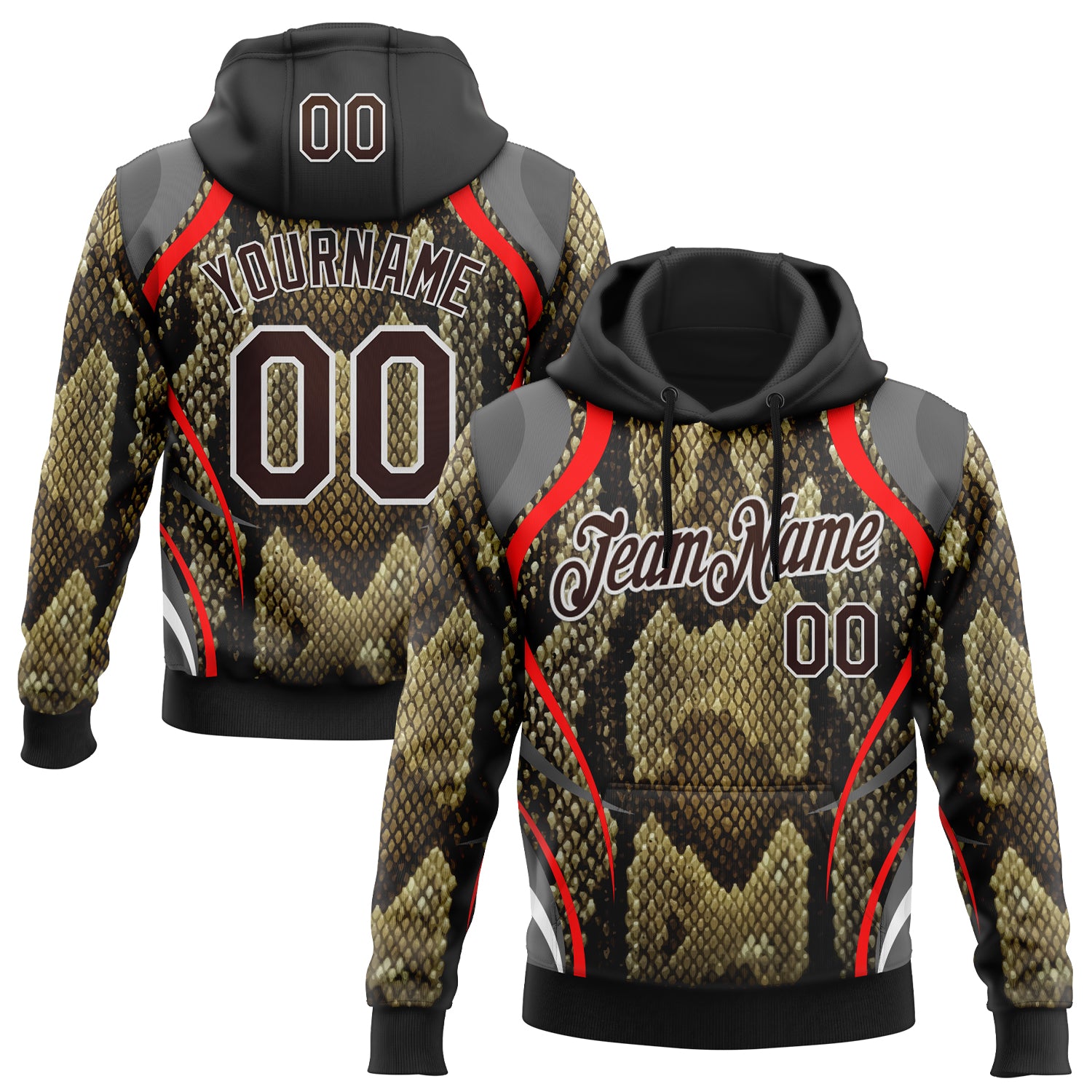 FansIdea Custom Stitched Black Brown Red-White 3D Pattern Design Snake Skin Print Sportswear Pullover Sweatshirt Hoodie - $32.99 at Proof Eyewear
