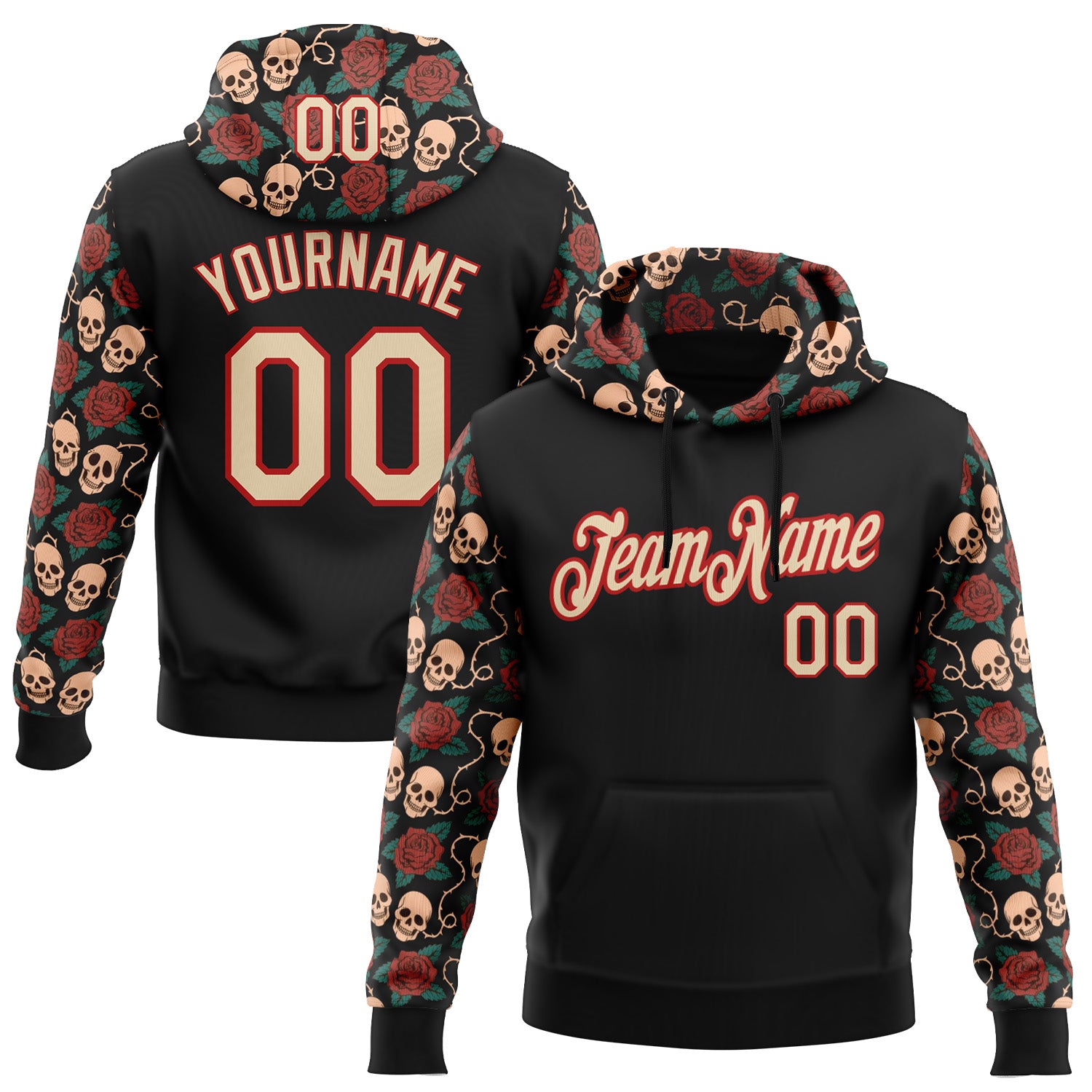 FansIdea Custom Black City Cream-Red 3D Skull Roses Tattoo Floral Sports Pullover Sweatshirt Hoodie - $32.99 at Proof Eyewear