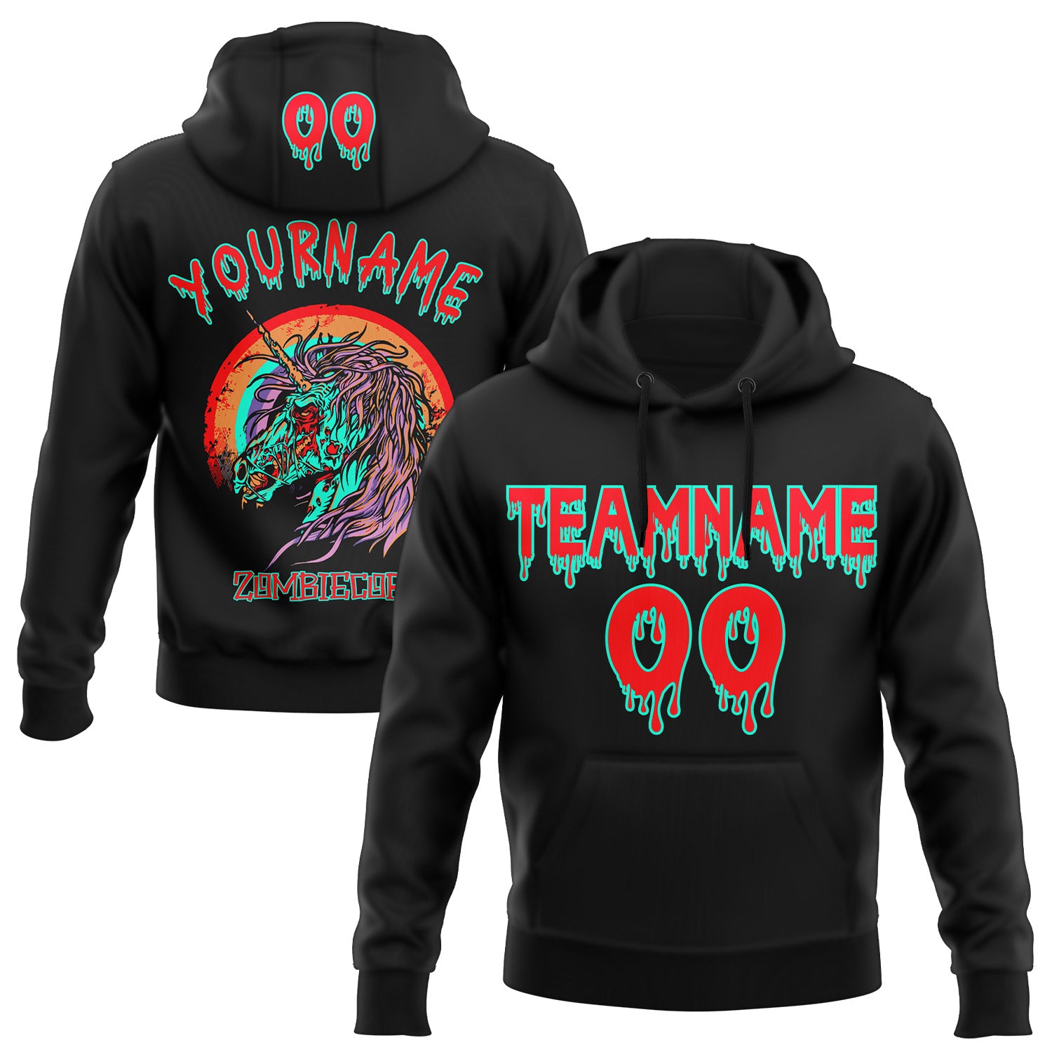 FansIdea Custom  Black Red-Green Halloween Zombie Unicorn Pullover Sweatshirt Hoodie - $32.99 at Proof Eyewear