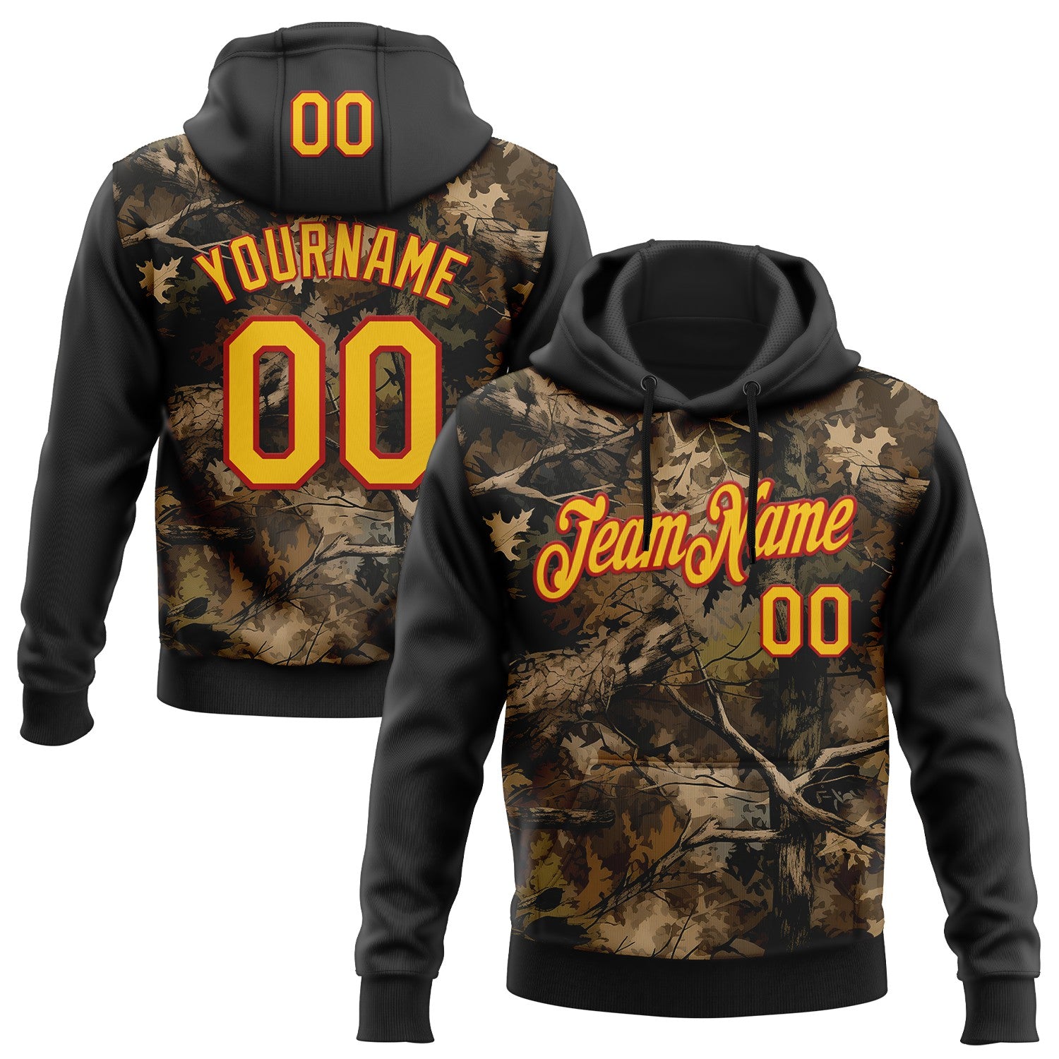 FansIdea Custom Stitched Black Yellow-Red 3D Pattern Design Tree Camo Hunting Sports Pullover Sweatshirt Hoodie - $32.99 at Proof Eyewear