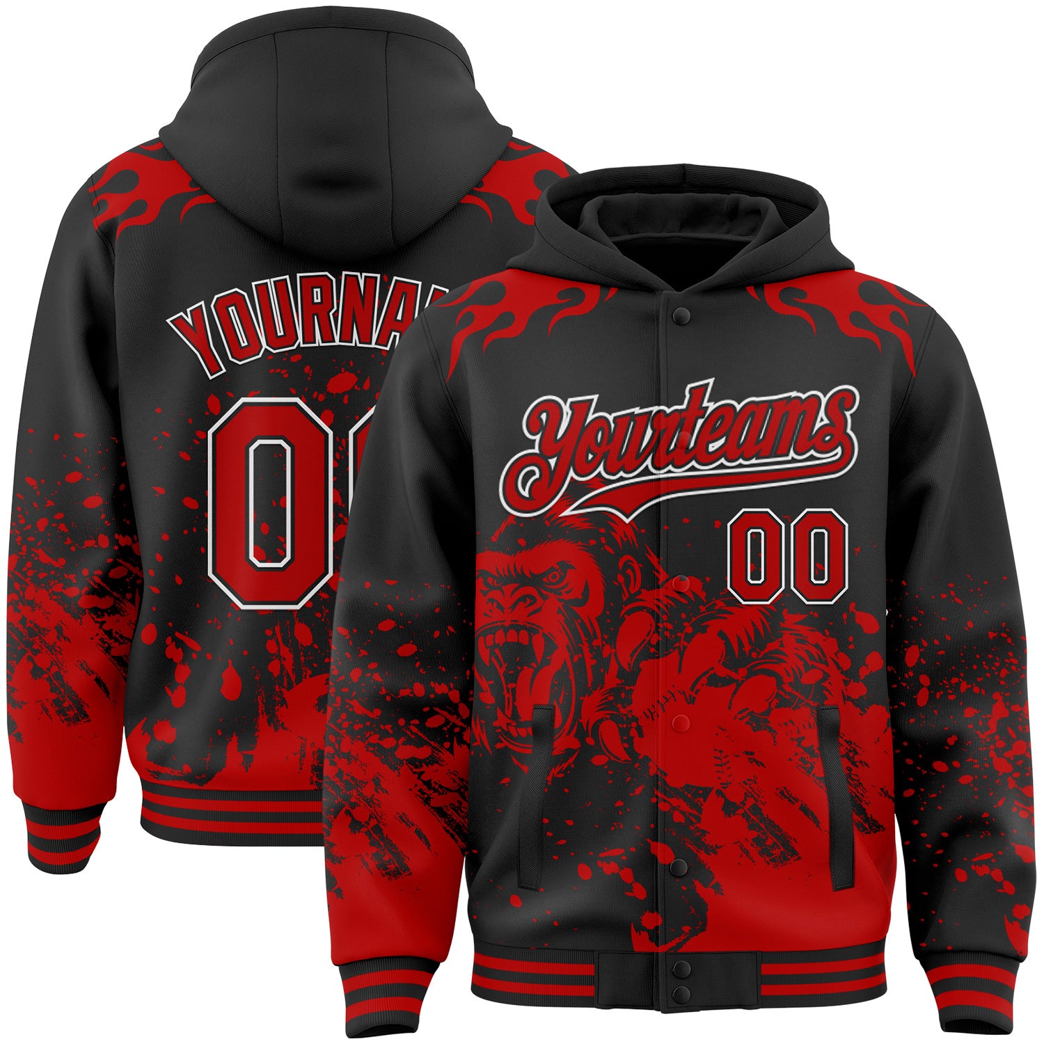 FansIdea Custom Black Red-White Gorilla Flame Splatter Bomber Full-Snap Varsity Letterman Hoodie Jacket - $38.99 at Proof Eyewear