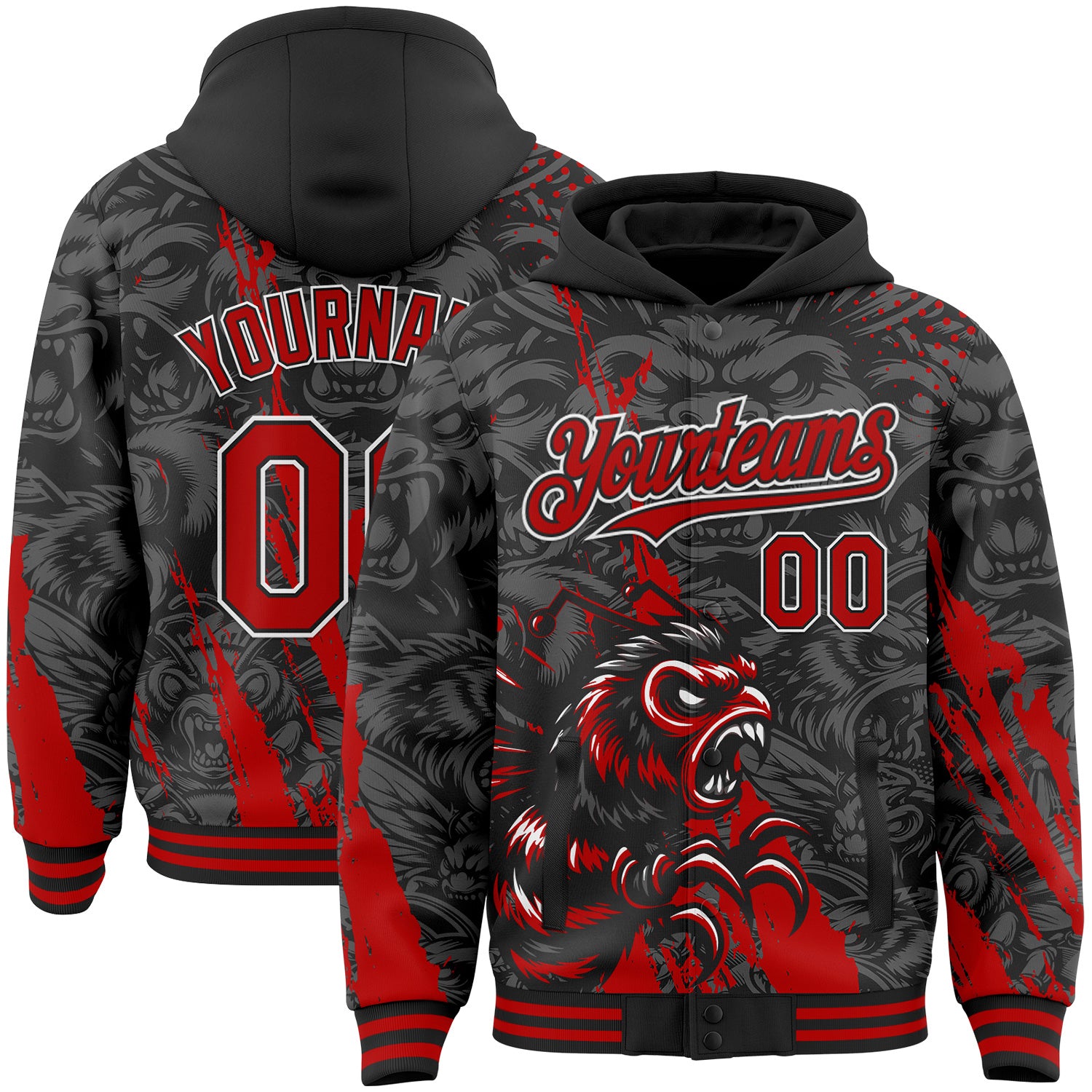 FansIdea Custom Black Red Gray-White Hornet Scratch Bomber Full-Snap Varsity Letterman Hoodie Jacket - $38.99 at Proof Eyewear