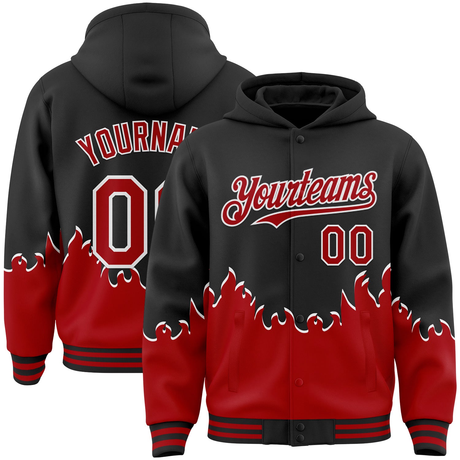FansIdea Custom Black Red-White Fire Flame Bomber Full-Snap Varsity Letterman Hoodie Jacket - $38.99 at Proof Eyewear