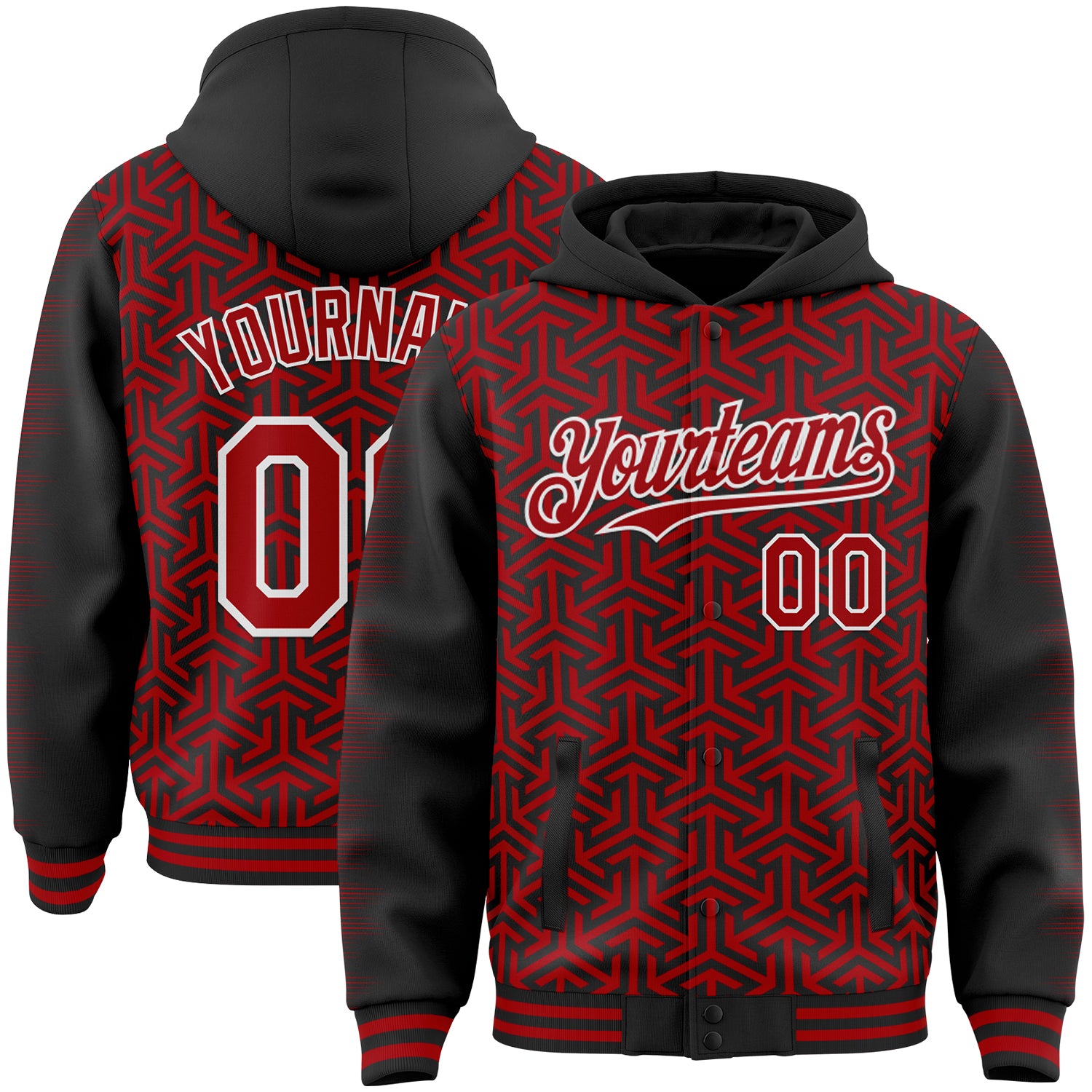 FansIdea Custom Black Red-White Geometric Arrow Bomber Full-Snap Varsity Letterman Hoodie Jacket - $38.99 at Proof Eyewear