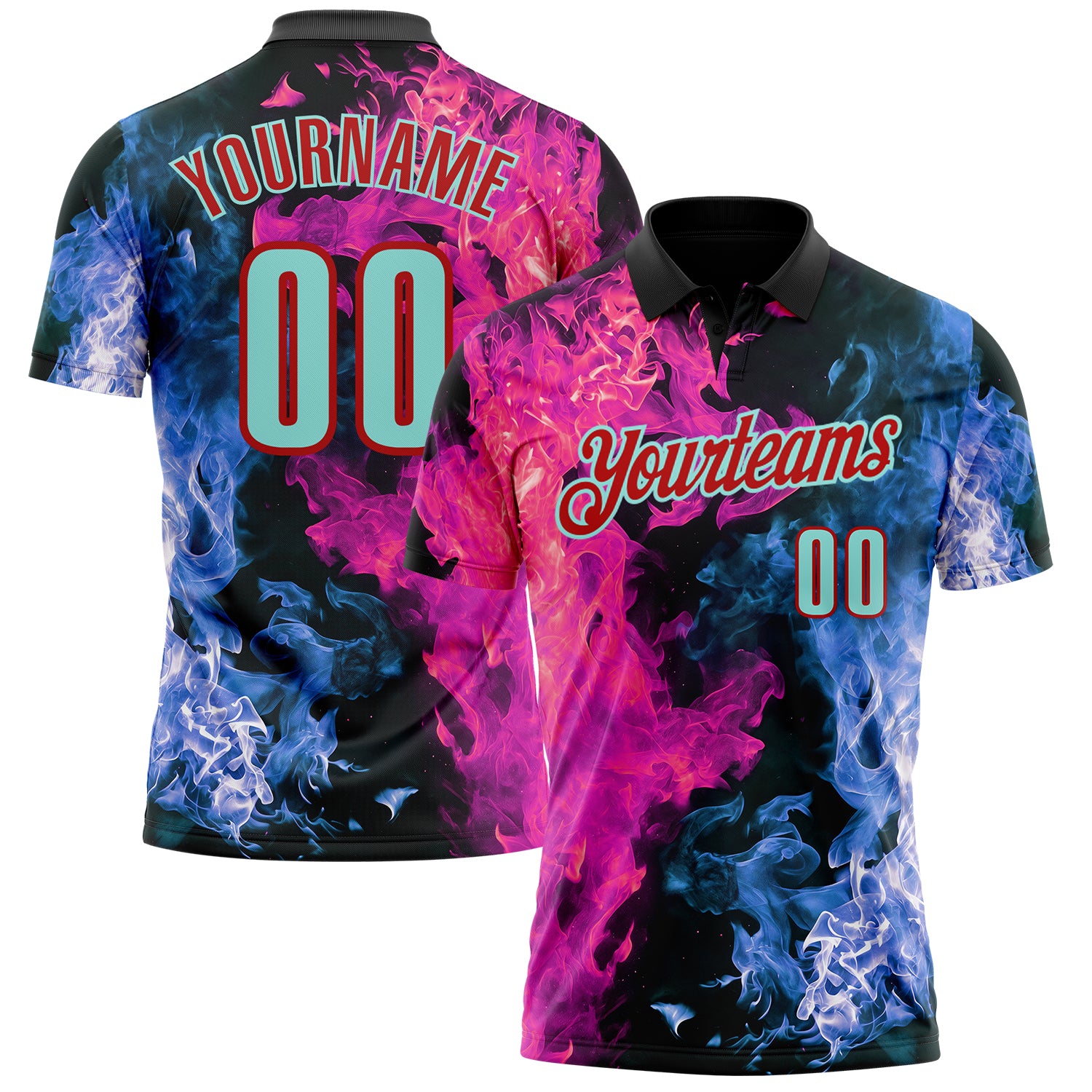 FansIdea Custom Black Ice Blue Blue-Red Flame Split Fire Performance Polo Shirt - $19.99 at Proof Eyewear