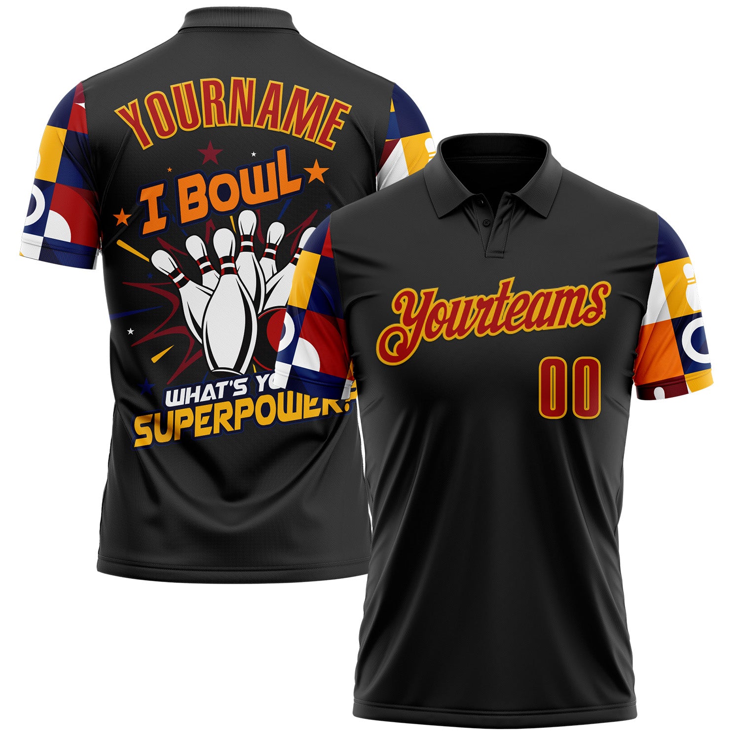 FansIdea Custom Black Red-Gold Bowling Ball And Pins Strike Performance Polo Shirt - $19.99 at Proof Eyewear
