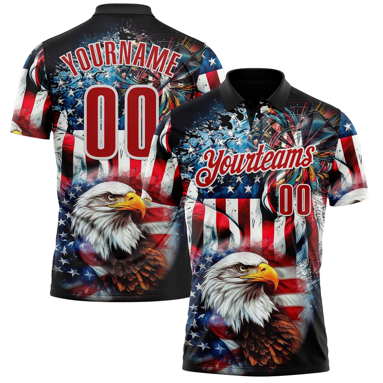 FansIdea Custom Black Red-White Darts Eagle Dartboard Patriotic American Flag Performance Polo Shirt - $19.99 at Proof Eyewear