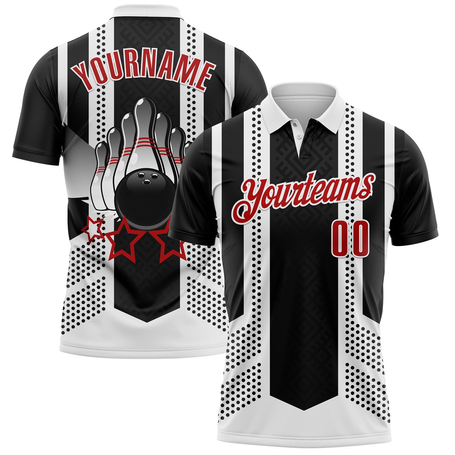 FansIdea Custom Black Red-White Bowling Ball And Pins Strike Stars Performance Polo Shirt - $19.99 at Proof Eyewear