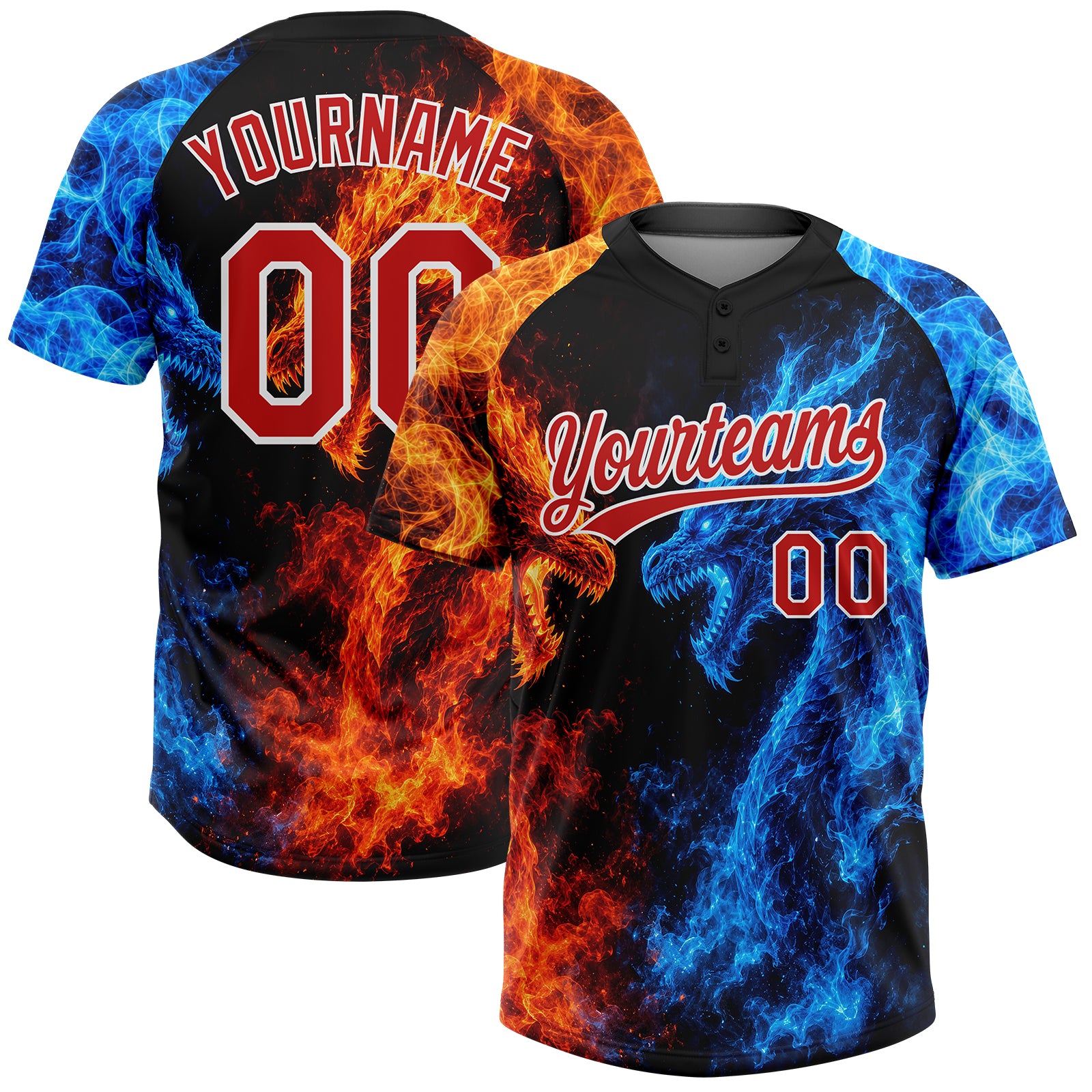 FansIdea Custom Black Red Royal-White Ice And Fire Dragons 3D Pattern Two-Button Unisex Softball Jersey - $29.99 at Proof Eyewear