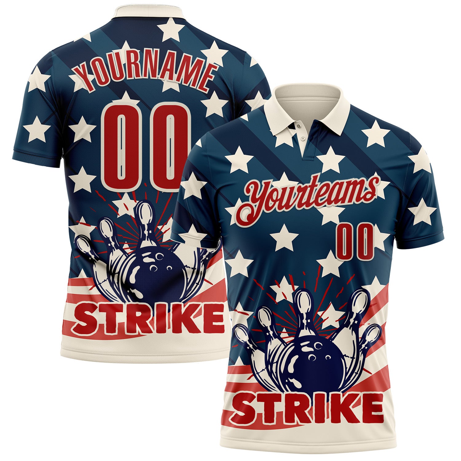 FansIdea Custom Blue Red-Cream Bowling Ball And Pins Strike Retro American Flag Performance Polo Shirt - $19.99 at Proof Eyewear