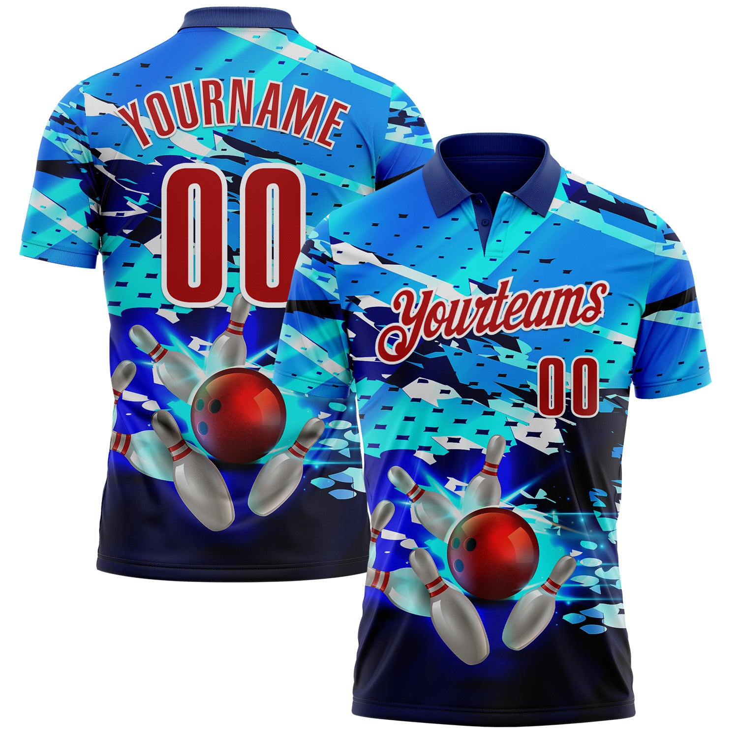 FansIdea Custom Blue Red-White Bowling Ball And Pins Strike Performance Polo Shirt - $19.99 at Proof Eyewear