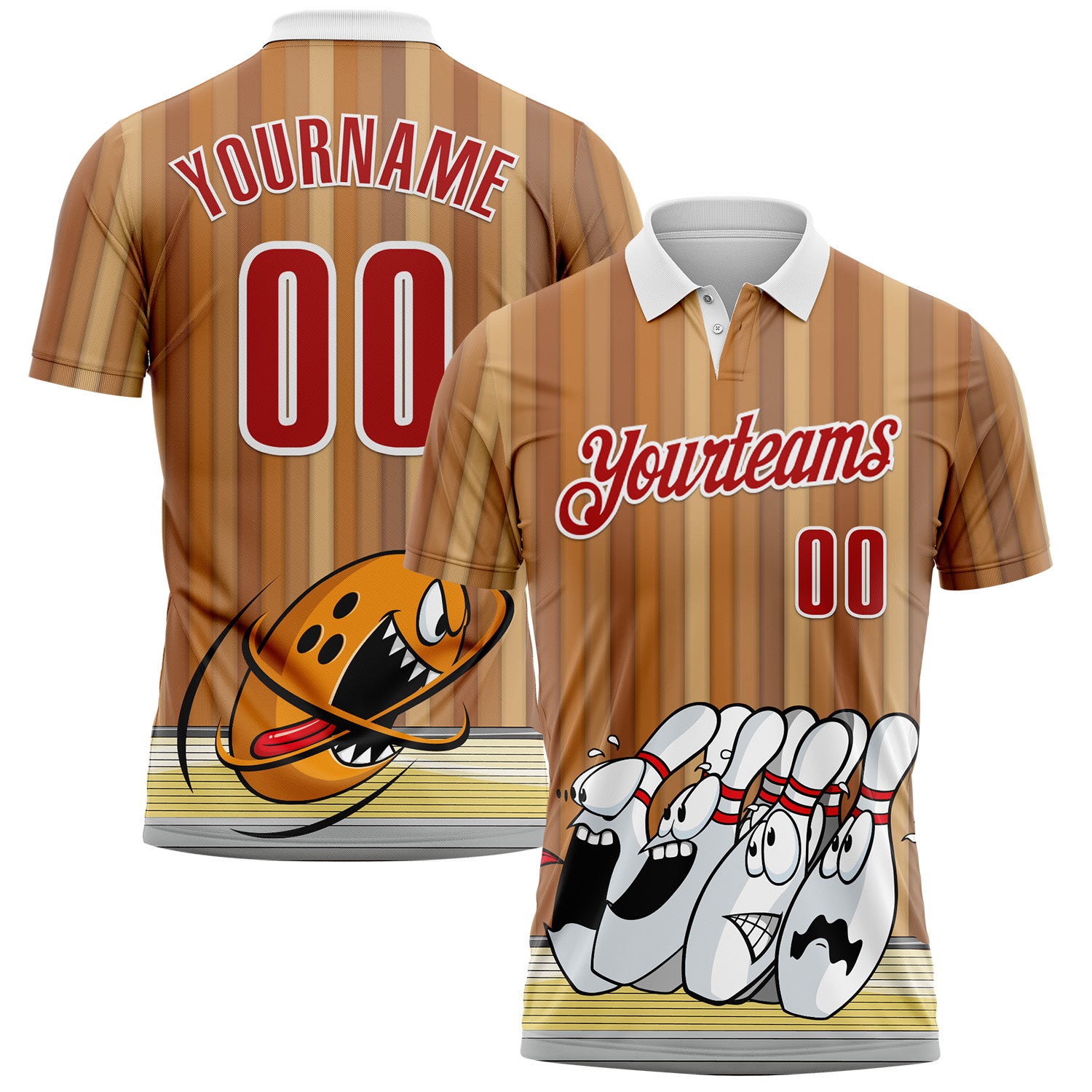 FansIdea Custom Brown Red-White Bowling Strike Funny Performance Polo Shirt - $19.99 at Proof Eyewear