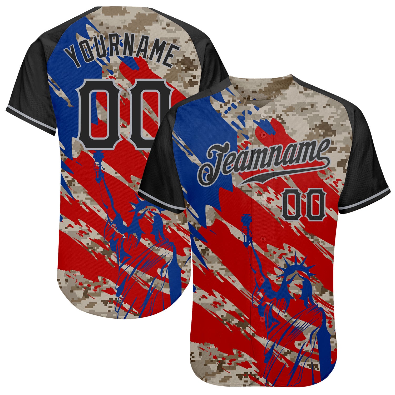 FansIdea Custom Camo Black Red-Gray American Flag Statue Of Liberty Patriotic Splatter Raglan Sleeves Authentic Baseball Jersey - $29.99 at Proof Eyewear
