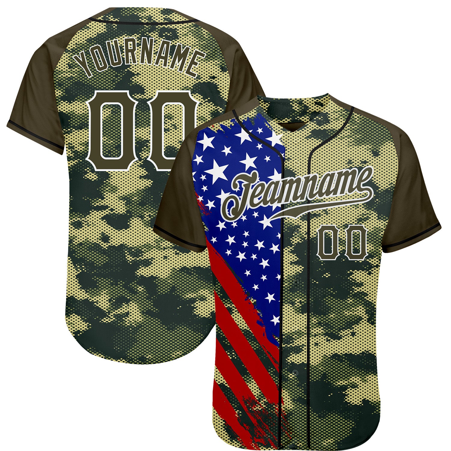 FansIdea Custom Camo Olive Red Blue Black-White American Flag Side Stripe Patriotic Digital Woodland Camouflage Raglan Sleeves Authentic Baseball Jersey - $29.99 at Proof Eyewear