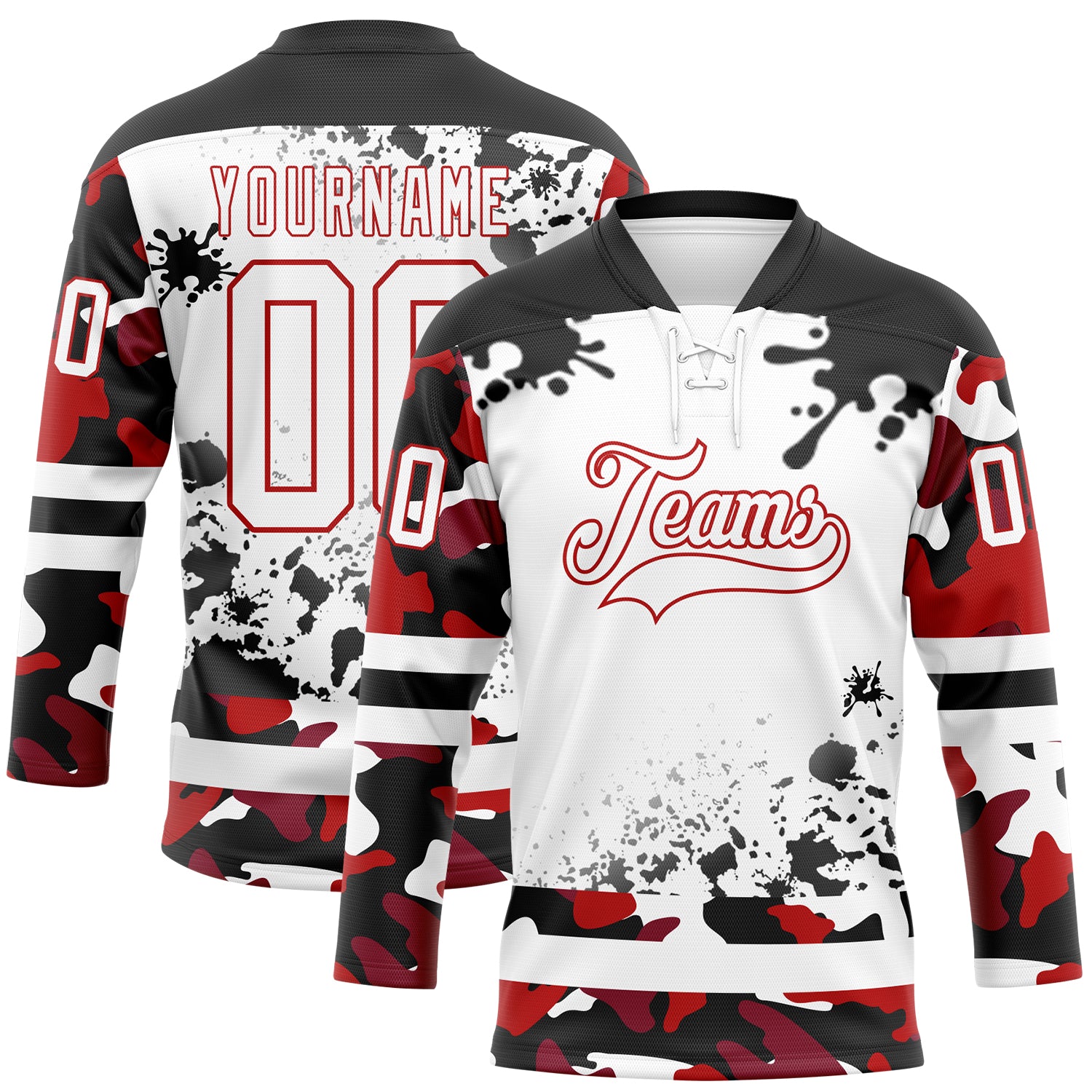 FansIdea Custom Camo White Red-Black Splash Hockey Lace Neck Jersey - $29.99 at Proof Eyewear