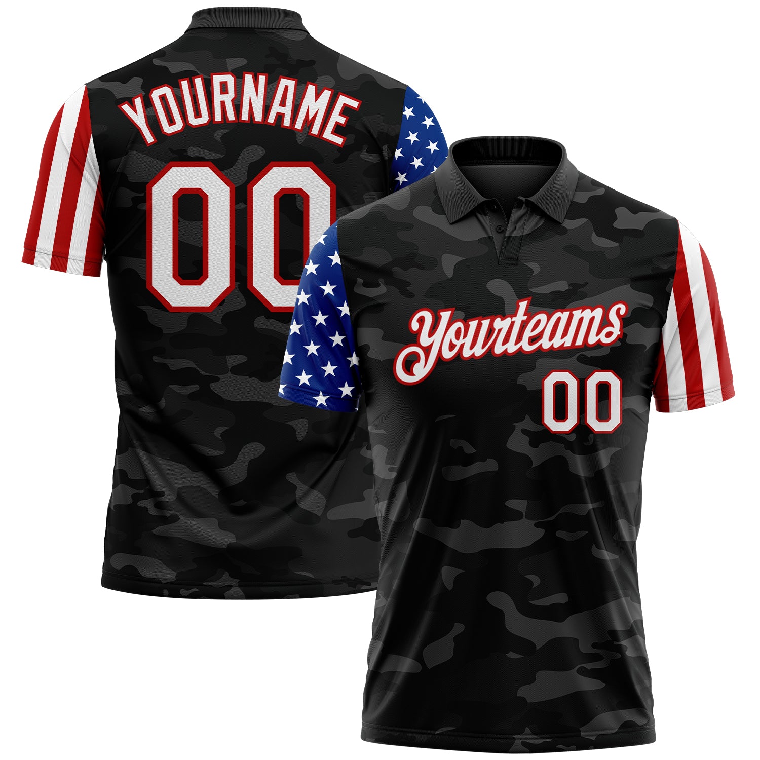 FansIdea Custom Camo White Red-Black Stars & Stripes Two Tone Salute To Service Performance Polo Shirt - $19.99 at Proof Eyewear