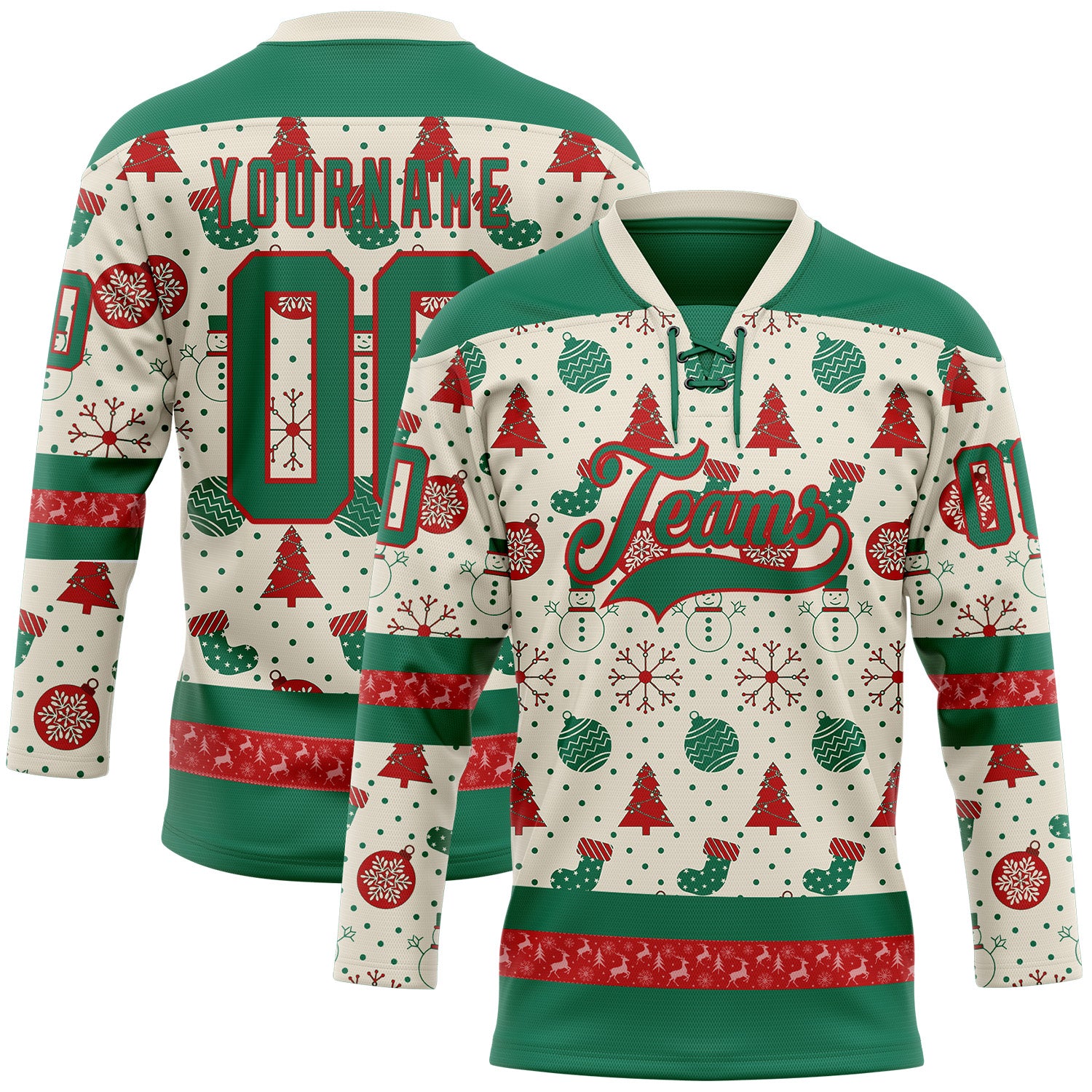 FansIdea Custom Cream Kelly Green-Red 3D Christmas Hockey Lace Neck Jersey - $29.99 at Proof Eyewear
