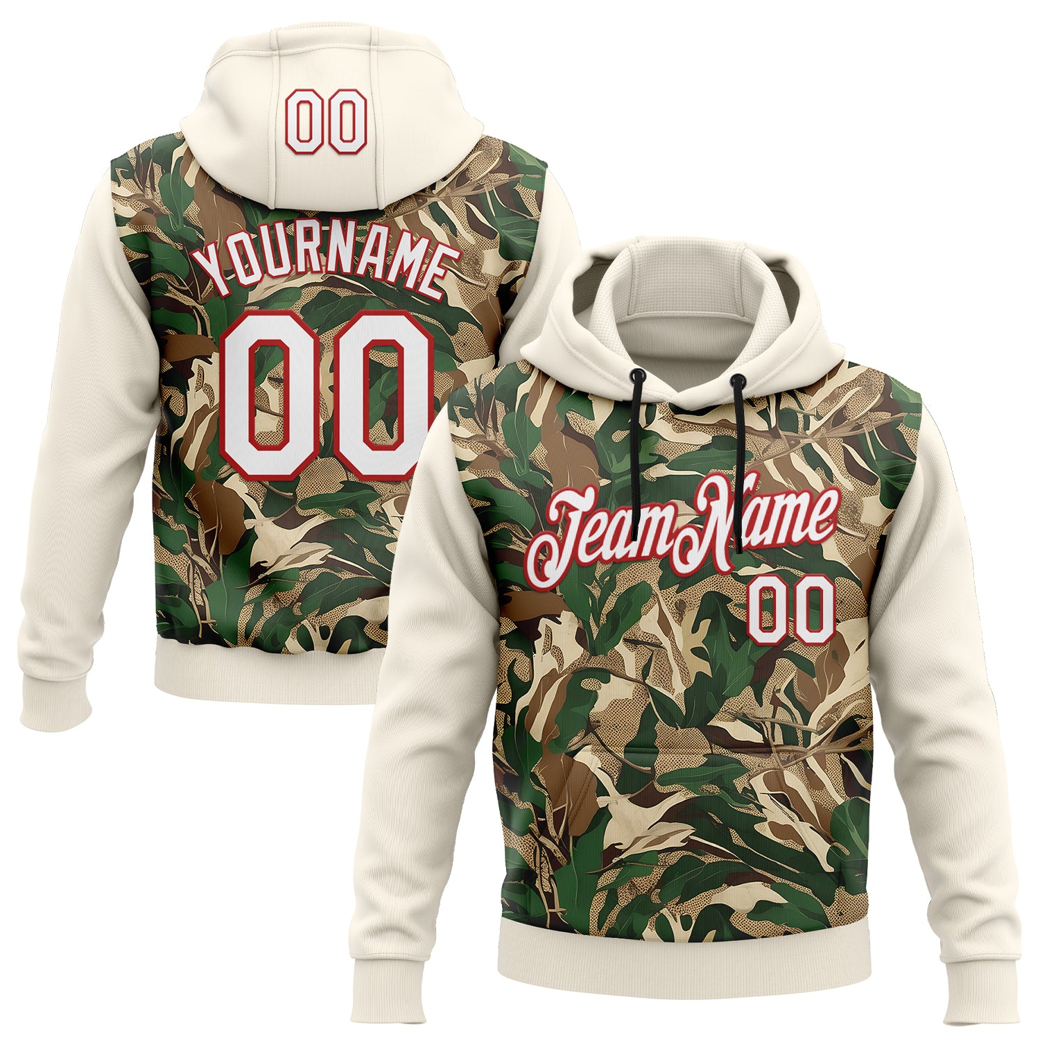 FansIdea Custom Stitched Cream White-Red 3D Pattern Design Tree Camo Hunting Sports Pullover Sweatshirt Hoodie - $32.99 at Proof Eyewear