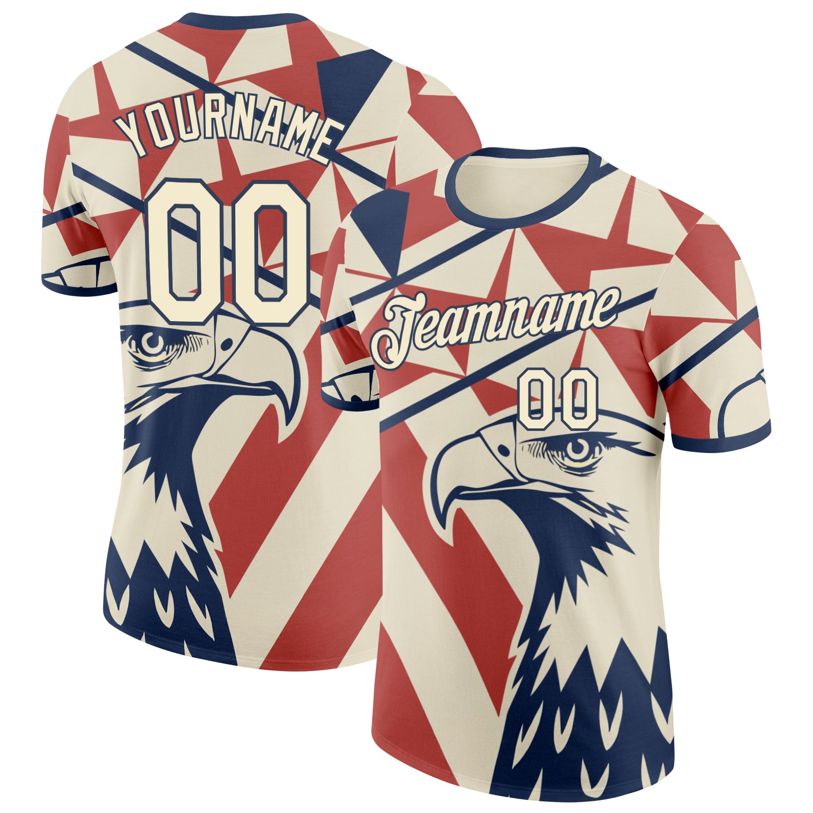 FansIdea Custom Cream Red-Blue USA Flag Eagle And Star Soccer Jersey Performance T-Shirt - $14.99 at Proof Eyewear