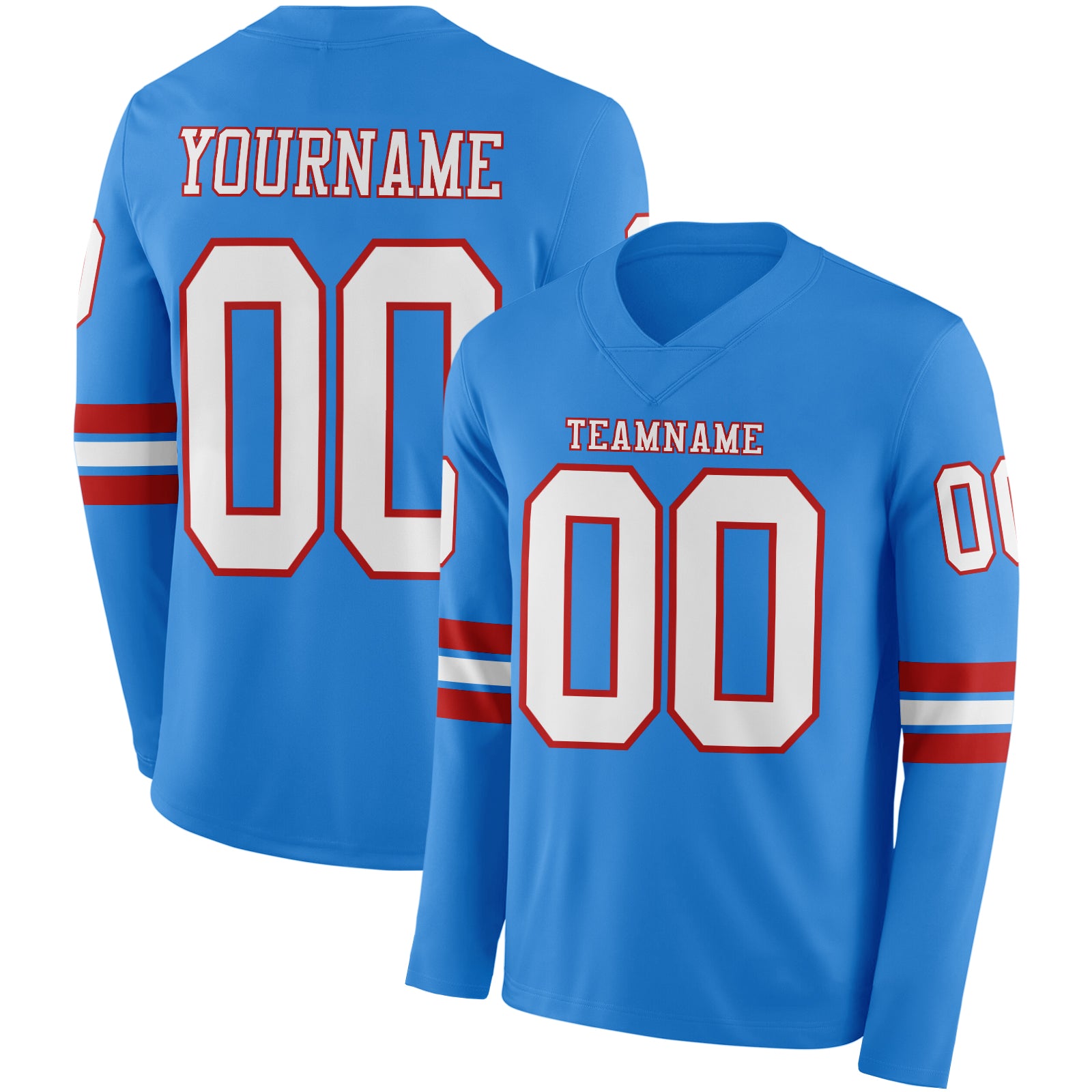 FansIdea Custom Powder Blue White-Red Long Sleeve Authentic Football Jersey - $24.99 at Proof Eyewear