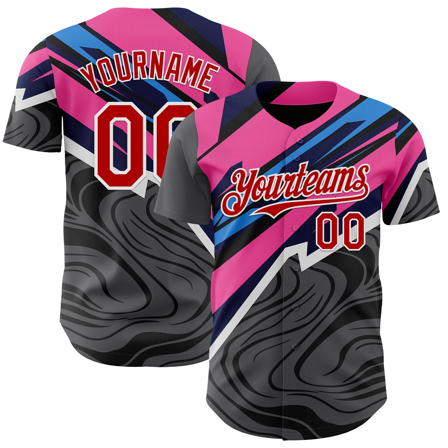 FansIdea Custom Gray Red Pink Blue-White Geometric Patchwork Asymmetry Fluid Swirl Authentic Baseball Jersey - $29.99 at Proof Eyewear