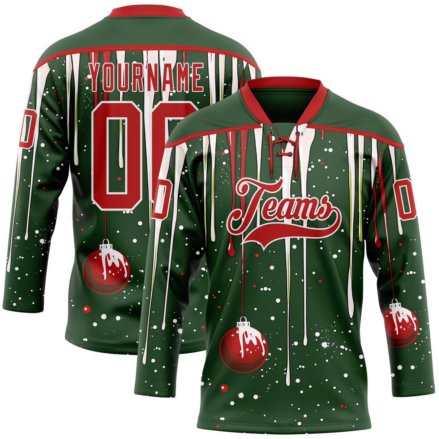 FansIdea Custom Green Red-White Melting Rave Christmas Lace Neck Hockey Jersey - $29.99 at Proof Eyewear
