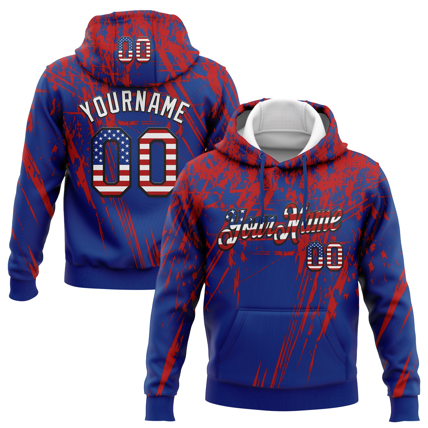 FansIdea Custom Stitched Royal USA Flag Red Black-White 3D Pattern Design Splash Grunge Art Sports Pullover Sweatshirt Hoodie - $32.99 at Proof Eyewear