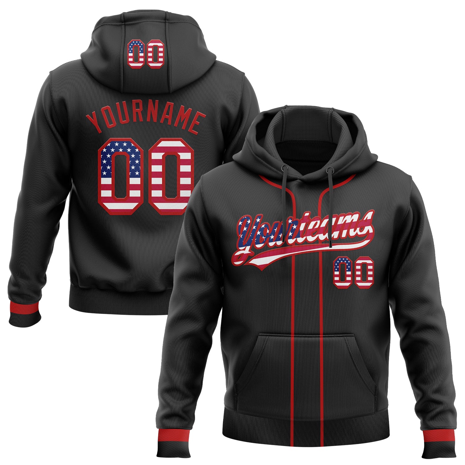 FansIdea Custom Stitched Black USA Flag-Red Baseball Pullover Sweatshirt Hoodie - $29.99 at Proof Eyewear