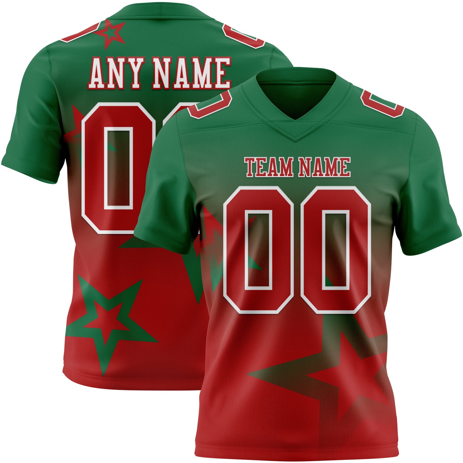 FansIdea Custom Kelly Green Red-White Authentic Gradient Style Twinkle Star Football Jersey - $19.99 at Proof Eyewear