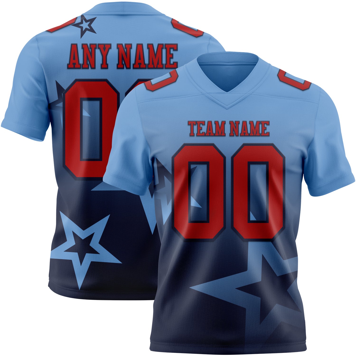 FansIdea Custom Light Blue Red-Navy Authentic Gradient Style Twinkle Star Football Jersey - $19.99 at Proof Eyewear