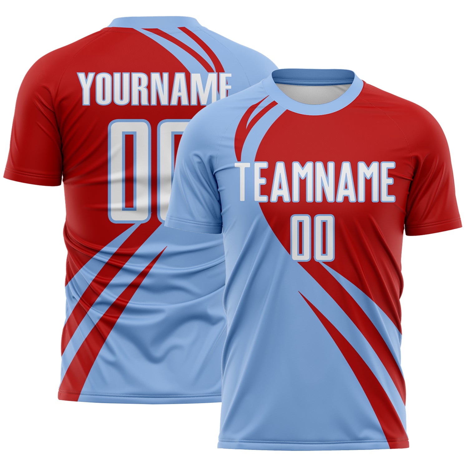 FansIdea Custom Light Blue White-Red Diagonal Streamline Color Block Swirl Curve Lines Sublimation Soccer Uniform Jersey - $16.99 at Proof Eyewear