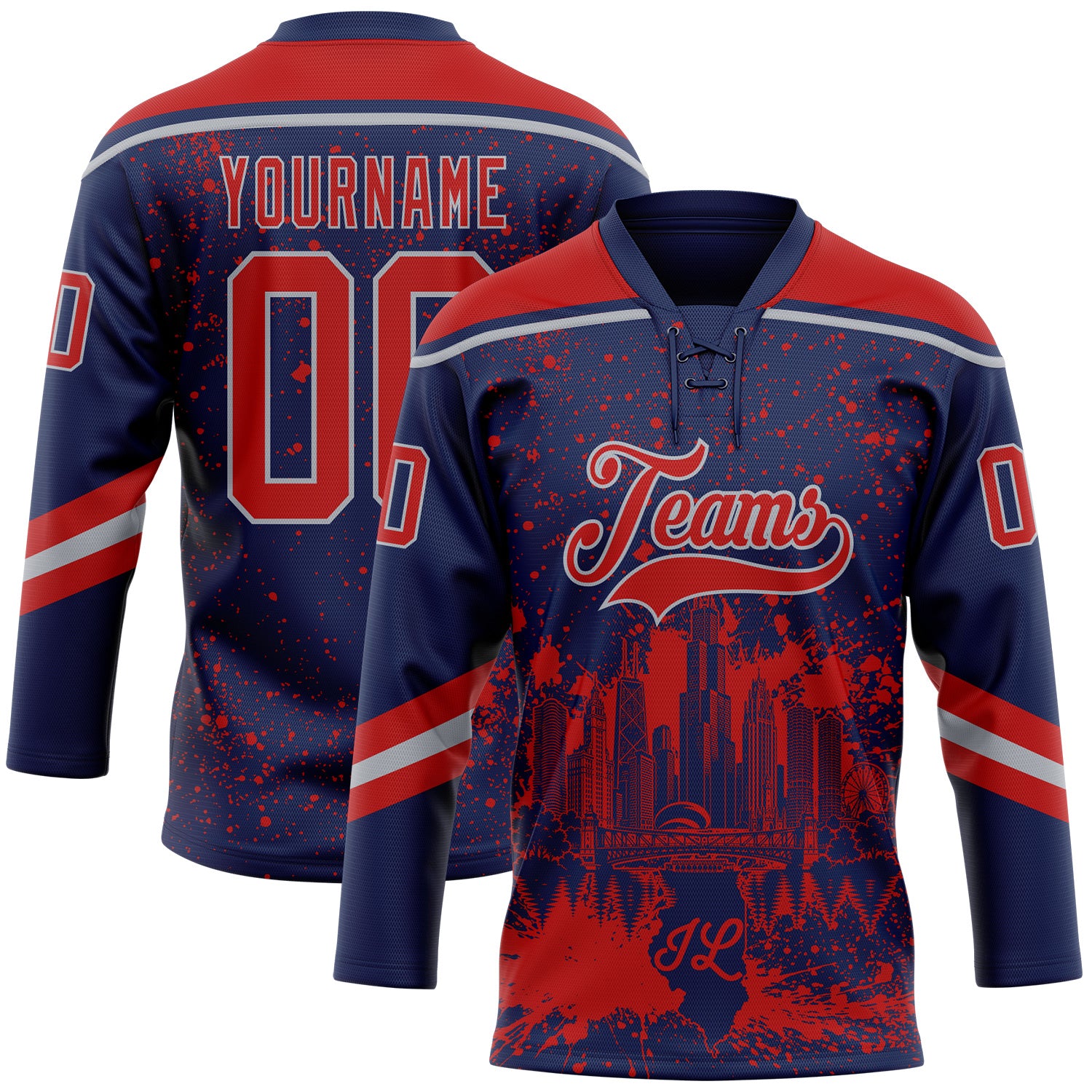 FansIdea Custom Navy Red-Gray Chicago IL City Skyline State Pride Paint Splatter Lace Neck Hockey Jersey - $29.99 at Proof Eyewear