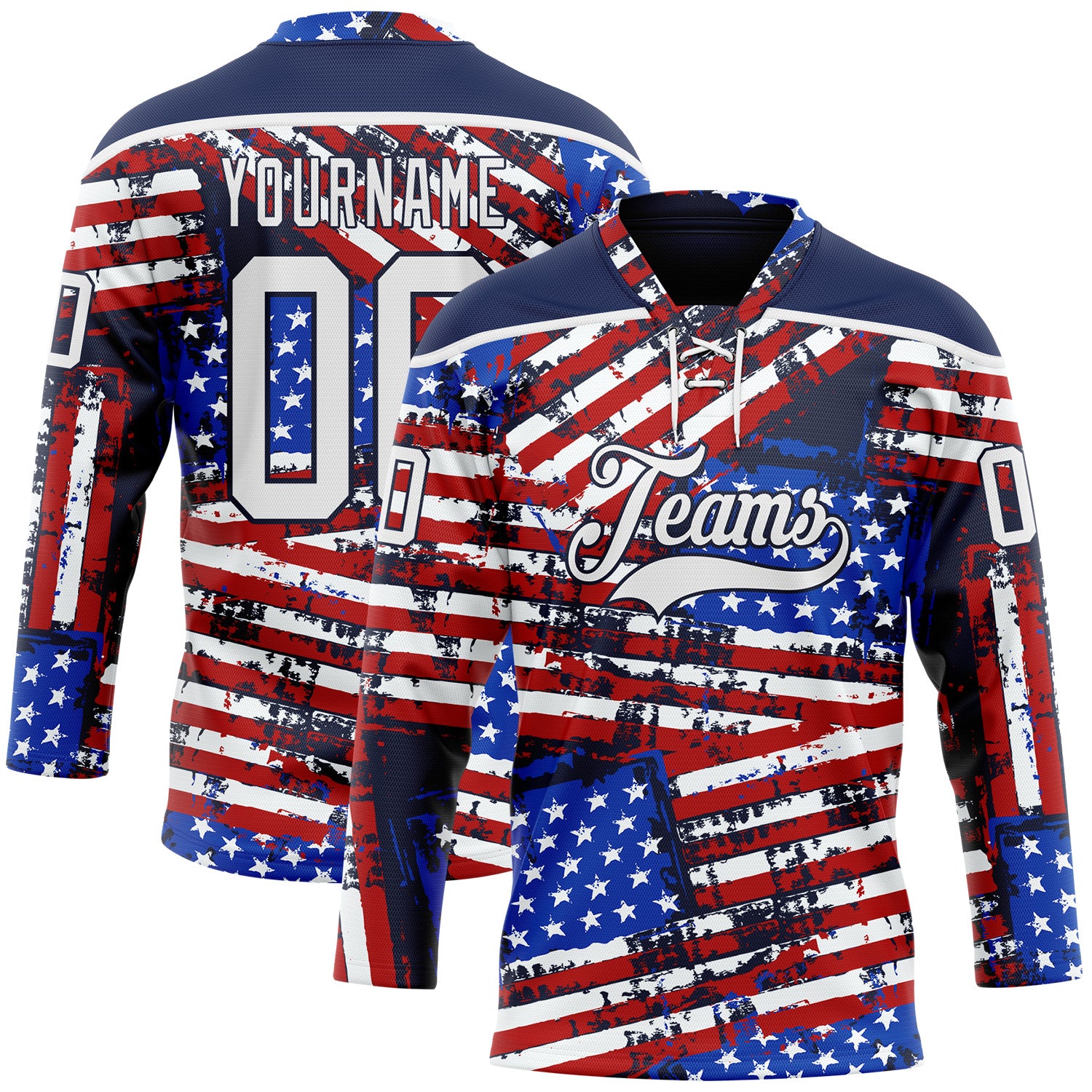 FansIdea Custom Navy White Red-Royal American Flag Grunge Hockey Lace Neck Jersey - $29.99 at Proof Eyewear