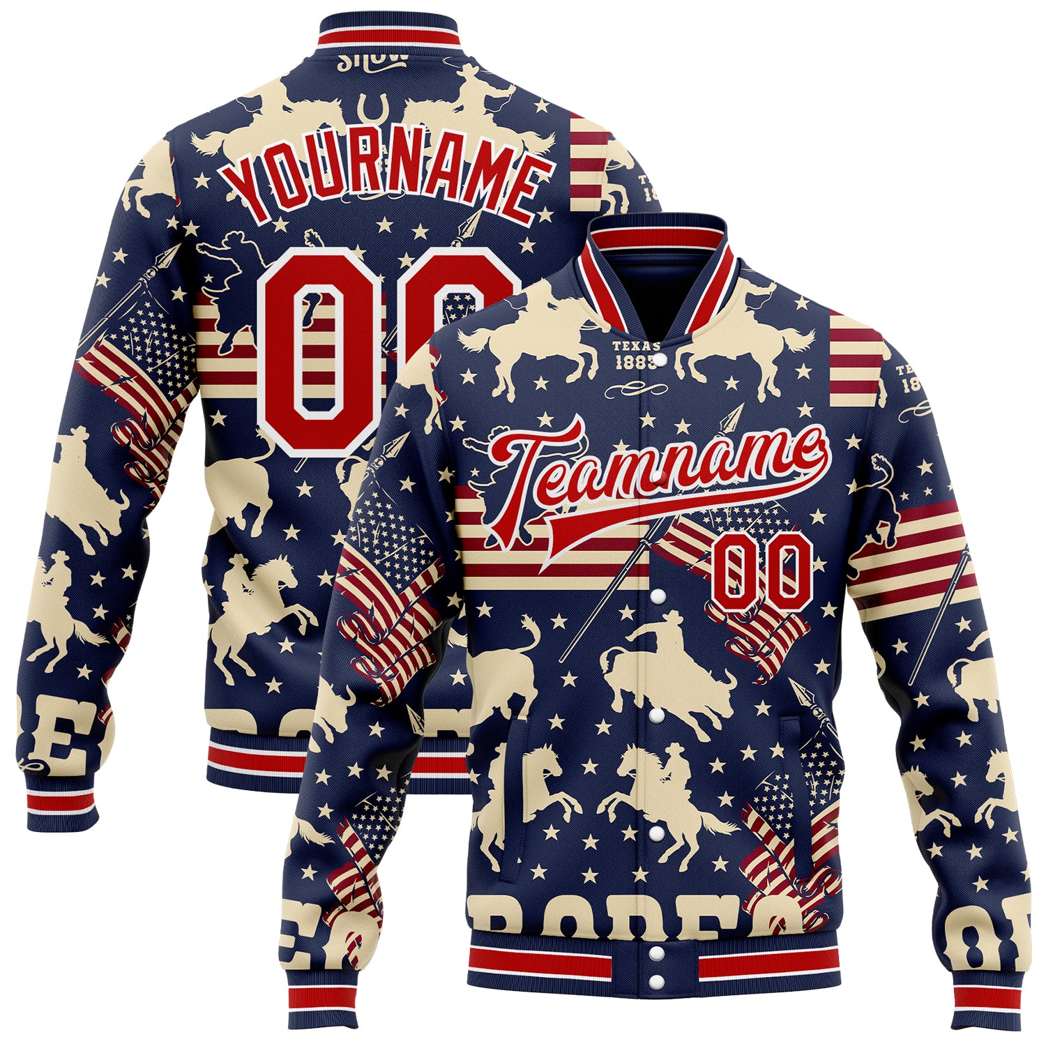 FansIdea Custom Navy Red Cream-White Western Cowboy American Flag Bomber Full-Snap Varsity Letterman Jacket - $38.99 at Proof Eyewear