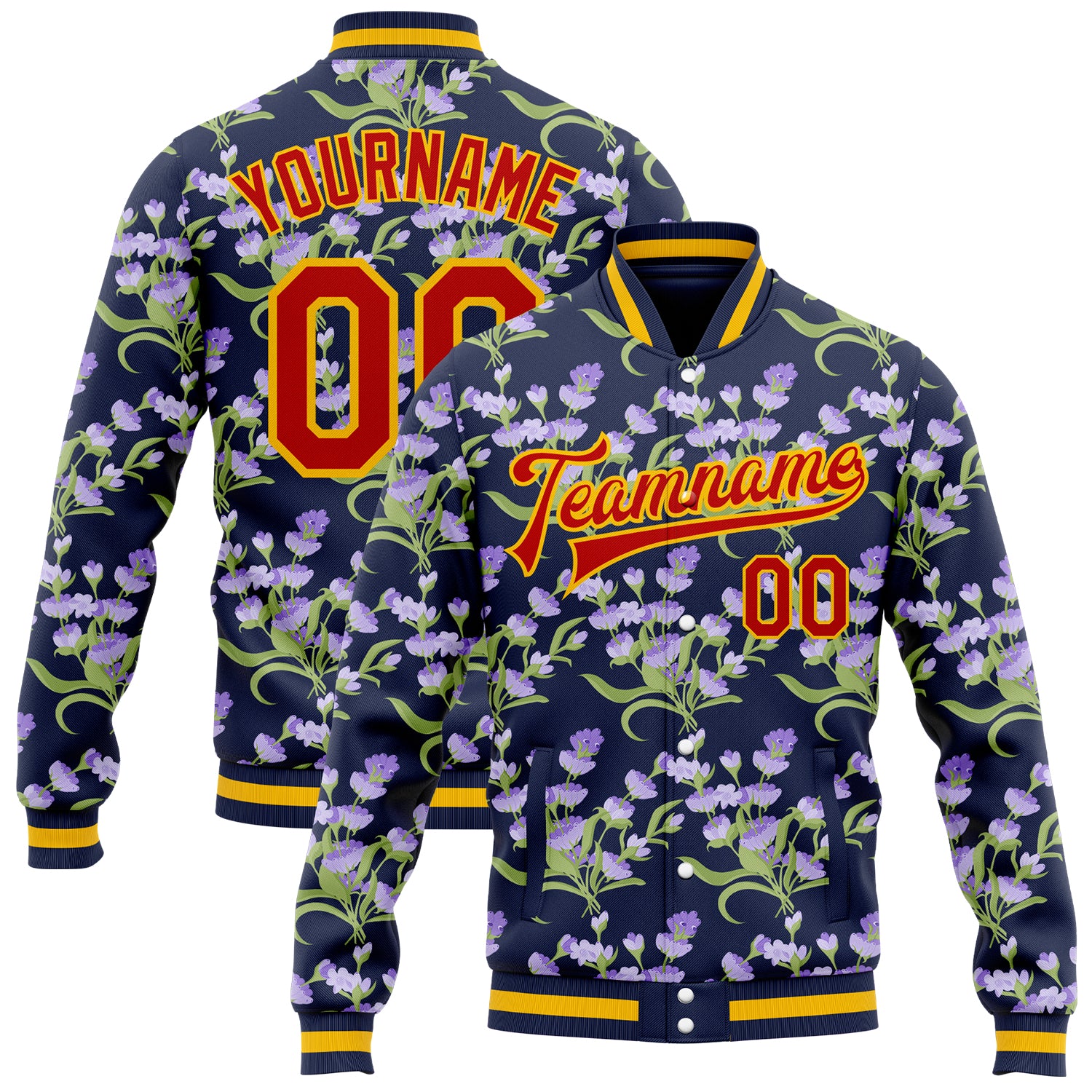 FansIdea Custom Navy Red Gold-White Floral Bomber Full-Snap Varsity Letterman Jacket - $38.99 at Proof Eyewear