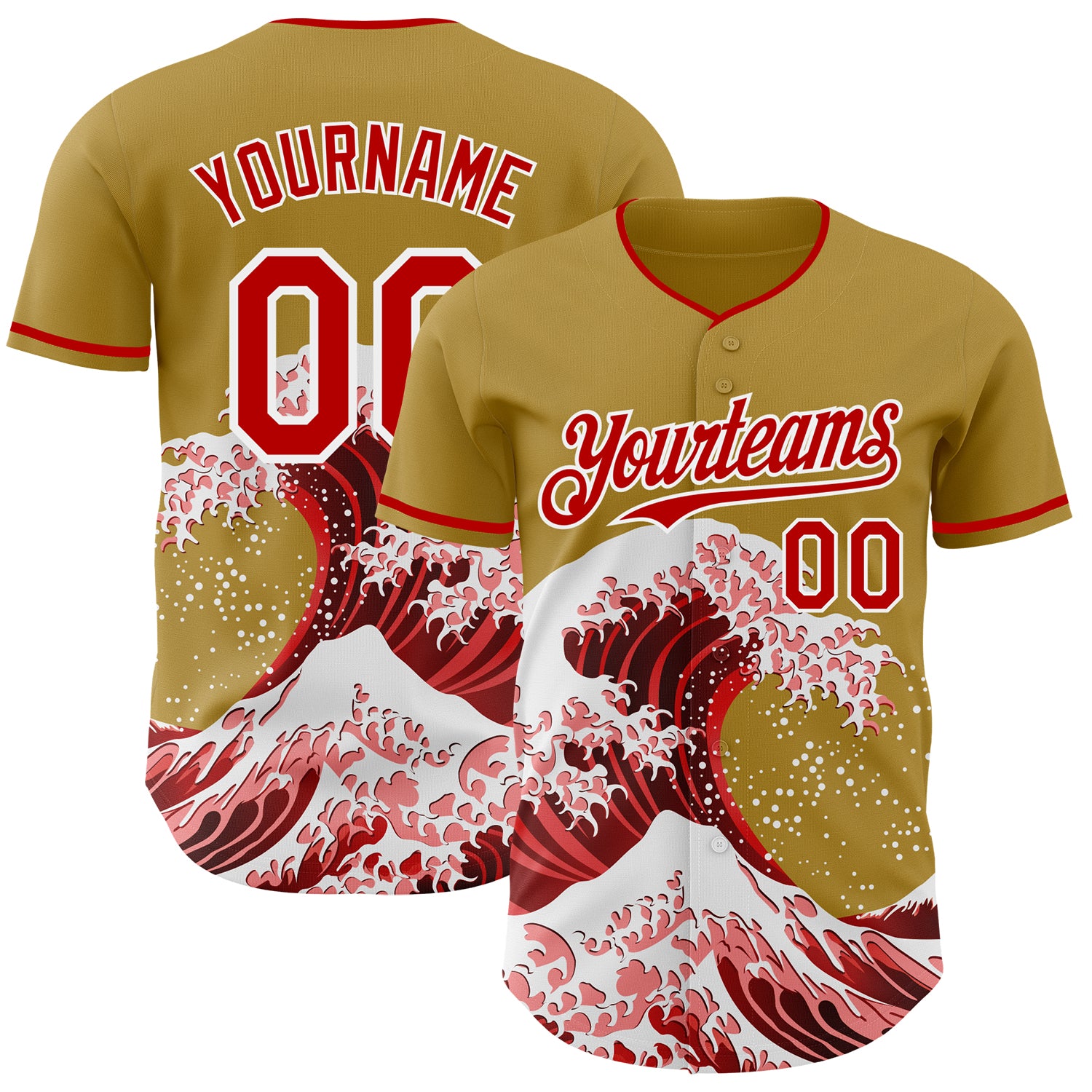 FansIdea Custom Old Gold Red-White Japanese Wave Authentic Baseball Jersey - $29.99 at Proof Eyewear