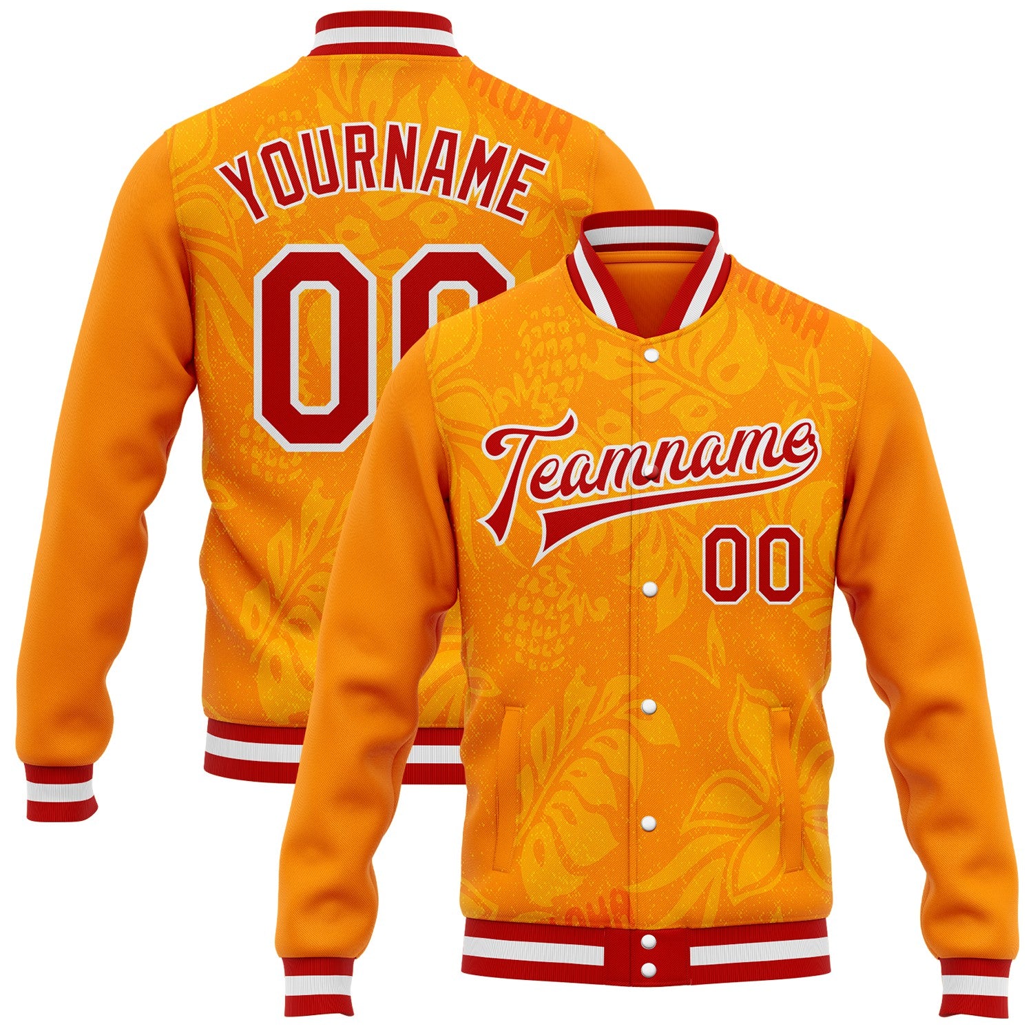 FansIdea Custom Orange Red-White Hawaiian Tropical Leaves Floral Bomber Full-Snap Varsity Letterman Jacket - $38.99 at Proof Eyewear