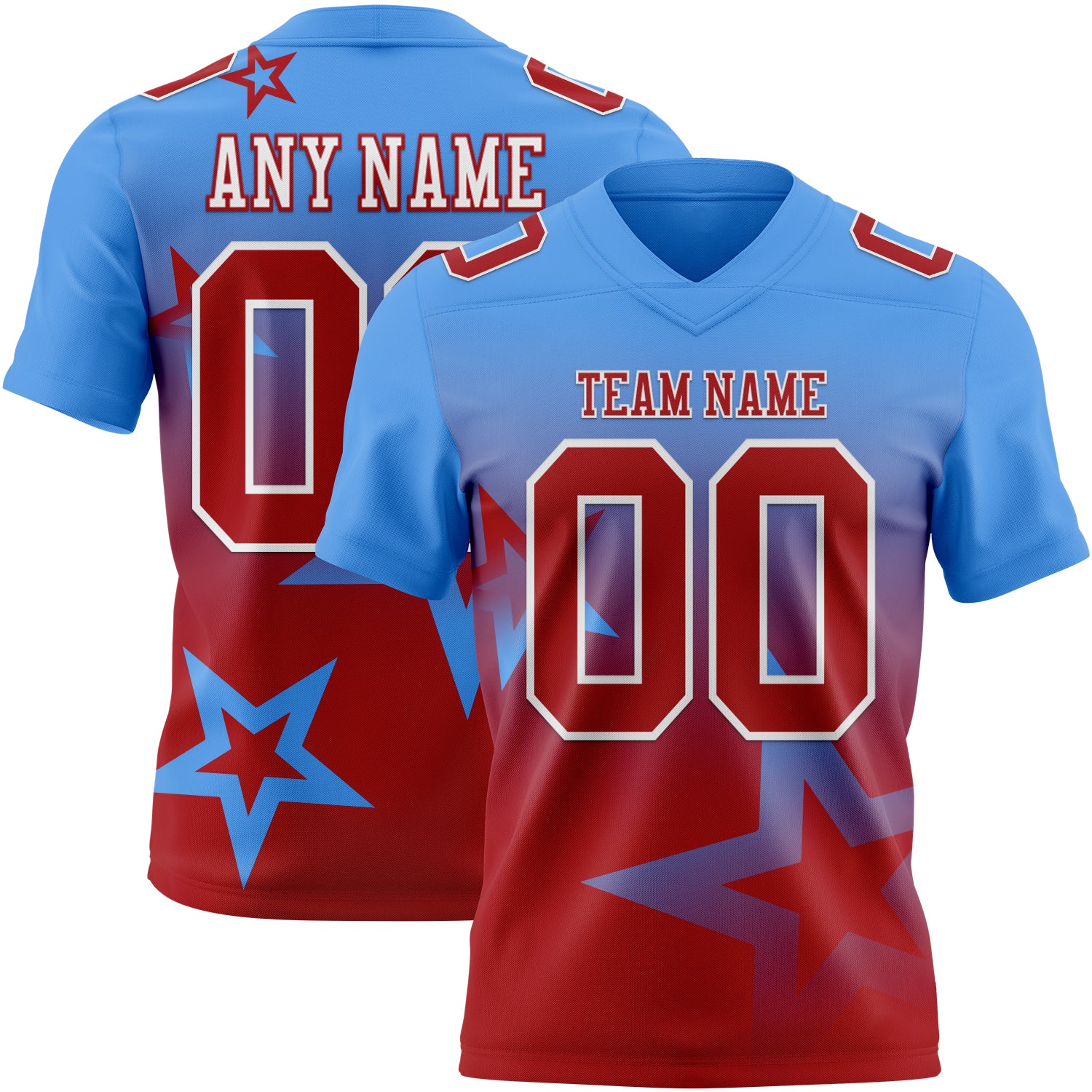 FansIdea Custom Powder Blue Red-White Authentic Gradient Style Twinkle Star Football Jersey - $19.99 at Proof Eyewear