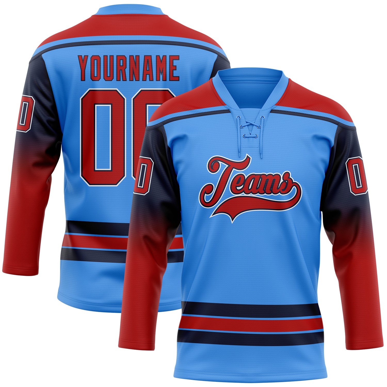 FansIdea Custom Powder Blue Red Navy-White Gradient Sleeves Lace Neck Hockey Jersey - $29.99 at Proof Eyewear