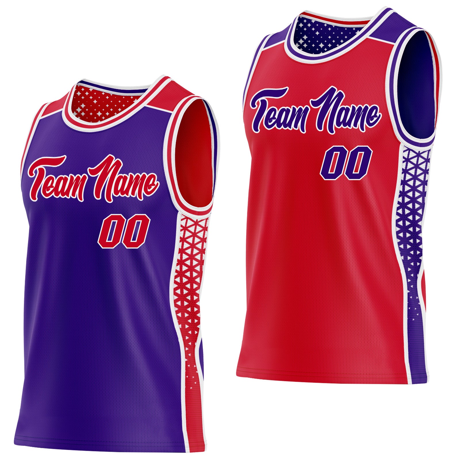 FansIdea Custom Purple Red-White Side Panel Stripe Geometric Triangle Gradient Dot Reversible Double Side Sublimation Basketball Set Jersey - $17.99 at Proof Eyewear