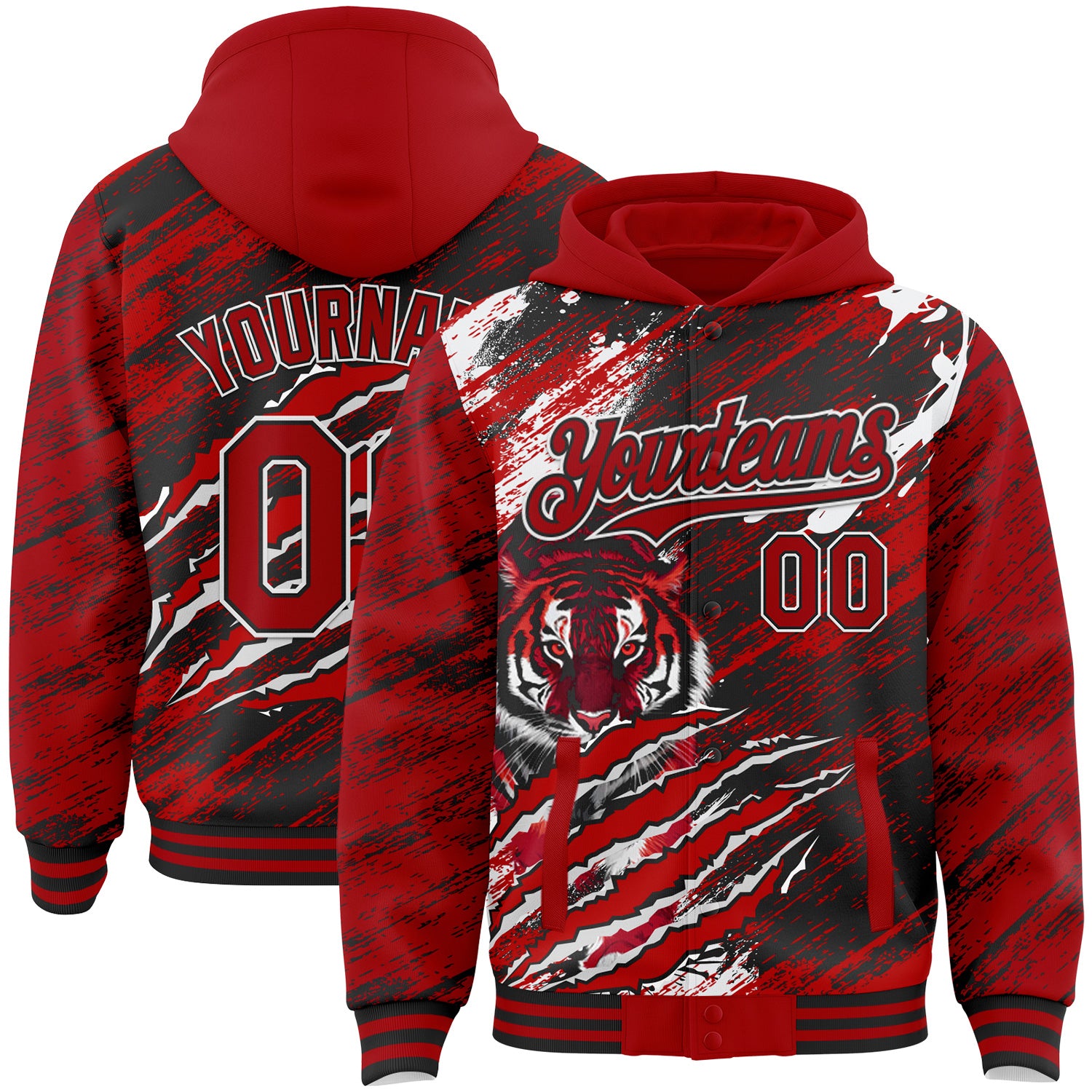 FansIdea Custom Red Black-White Tiger Claw Scratch Brush Stroke Bomber Full-Snap Varsity Letterman Hoodie Jacket - $38.99 at Proof Eyewear